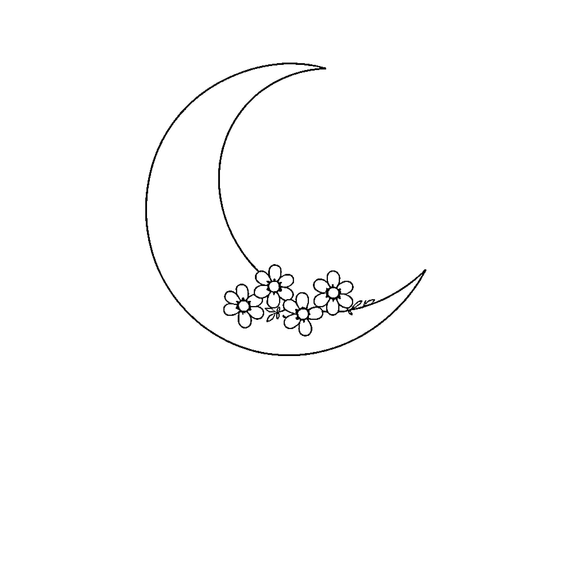 Moon adorned with delicate flowers Coloring Page (free black-and-white line drawing printable PDF for all, from beginners to advanced learners, including children, teens, adults, and seniors)