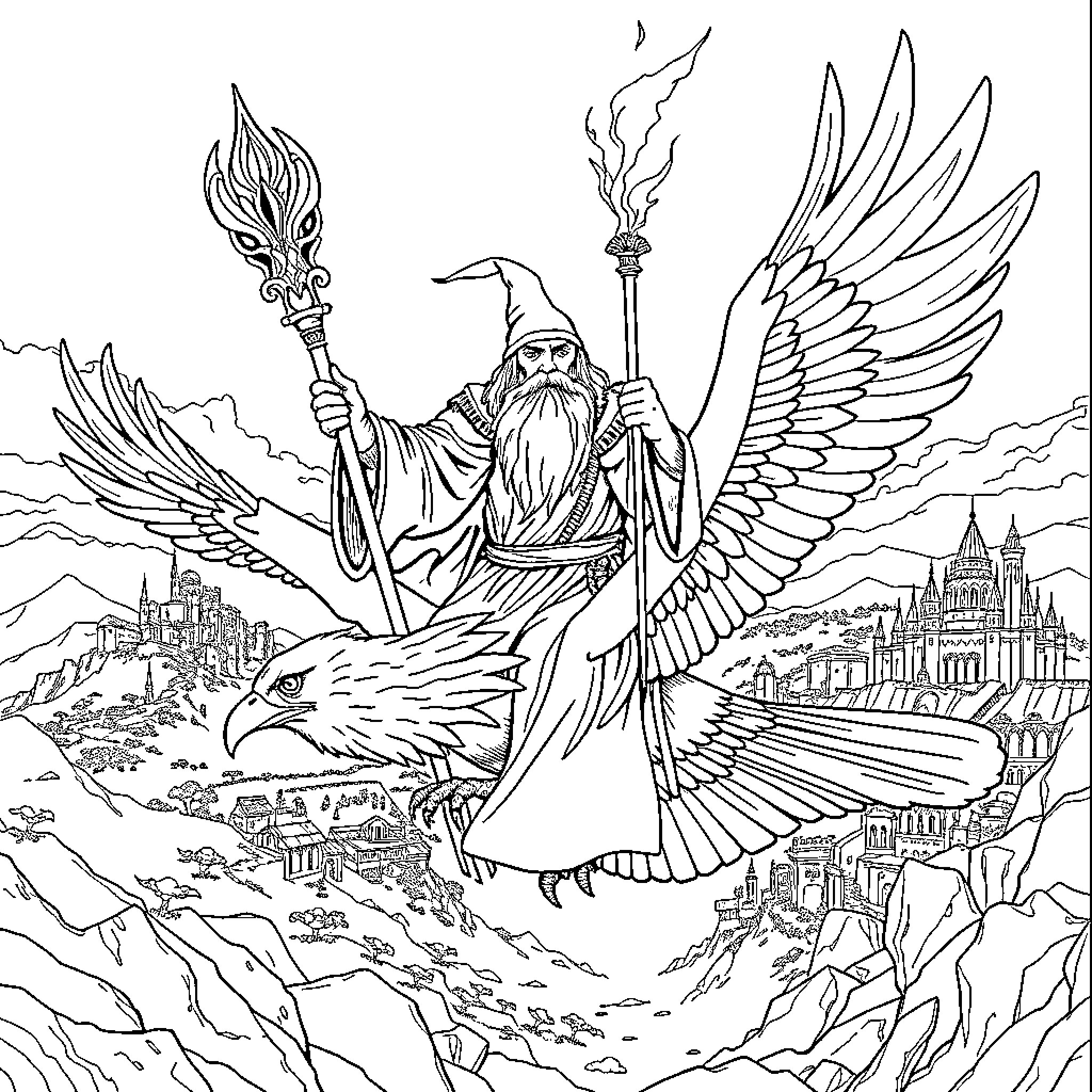 Gandalf riding a giant eagle over a mountain landscape Coloring Page (free black-and-white line drawing printable PDF for all, from beginners to advanced learners, including children, teens, adults, and seniors)