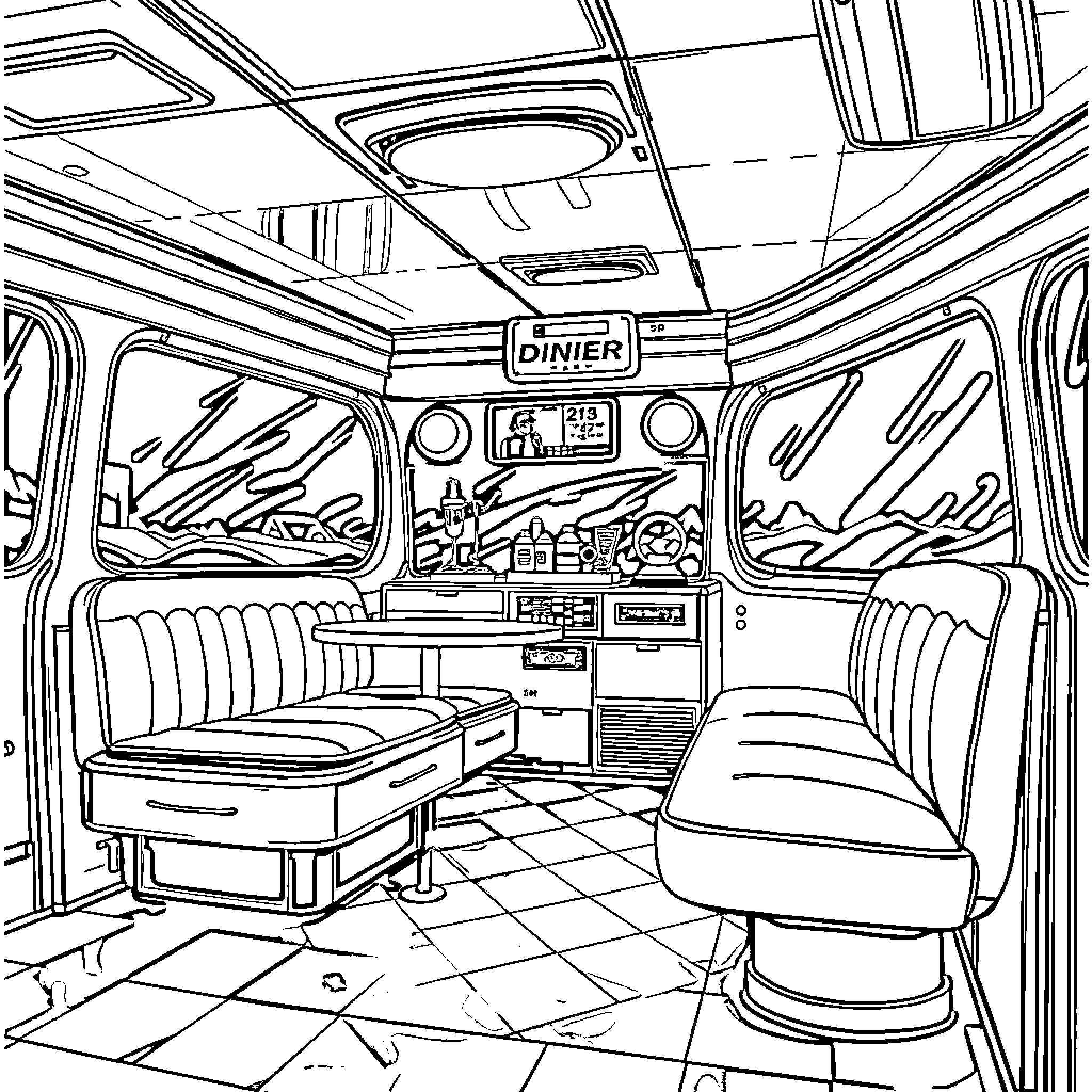 Diner Car with Cozy Interior Coloring Page (free black-and-white line drawing printable PDF for all, from beginners to advanced learners, including children, teens, adults, and seniors)