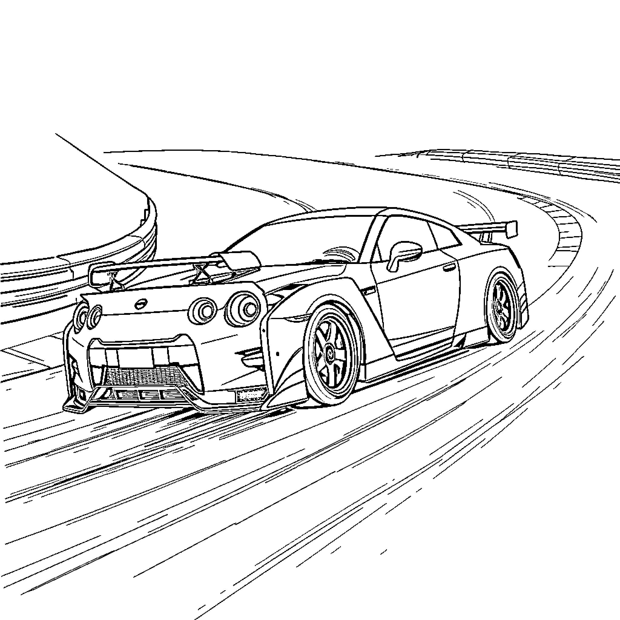 Nissan GTR racing at high speed on the track Coloring Page (free black-and-white line drawing printable PDF for all, from beginners to advanced learners, including children, teens, adults, and seniors)