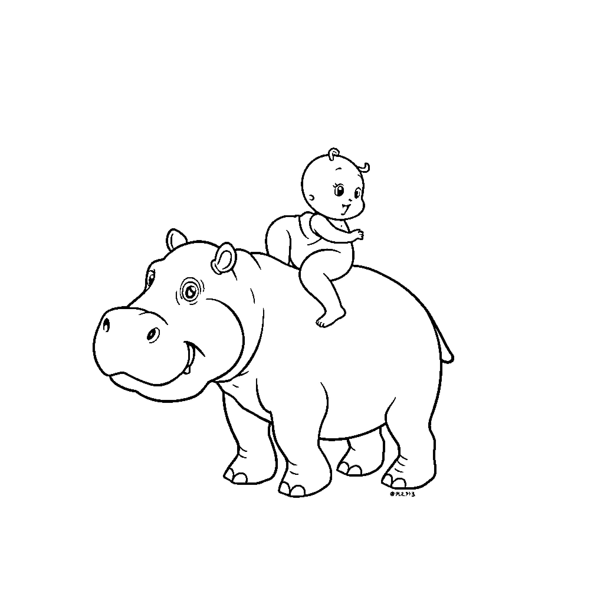 Hippo with a baby riding on its back Coloring Page (free black-and-white line drawing printable PDF for all, from beginners to advanced learners, including children, teens, adults, and seniors)