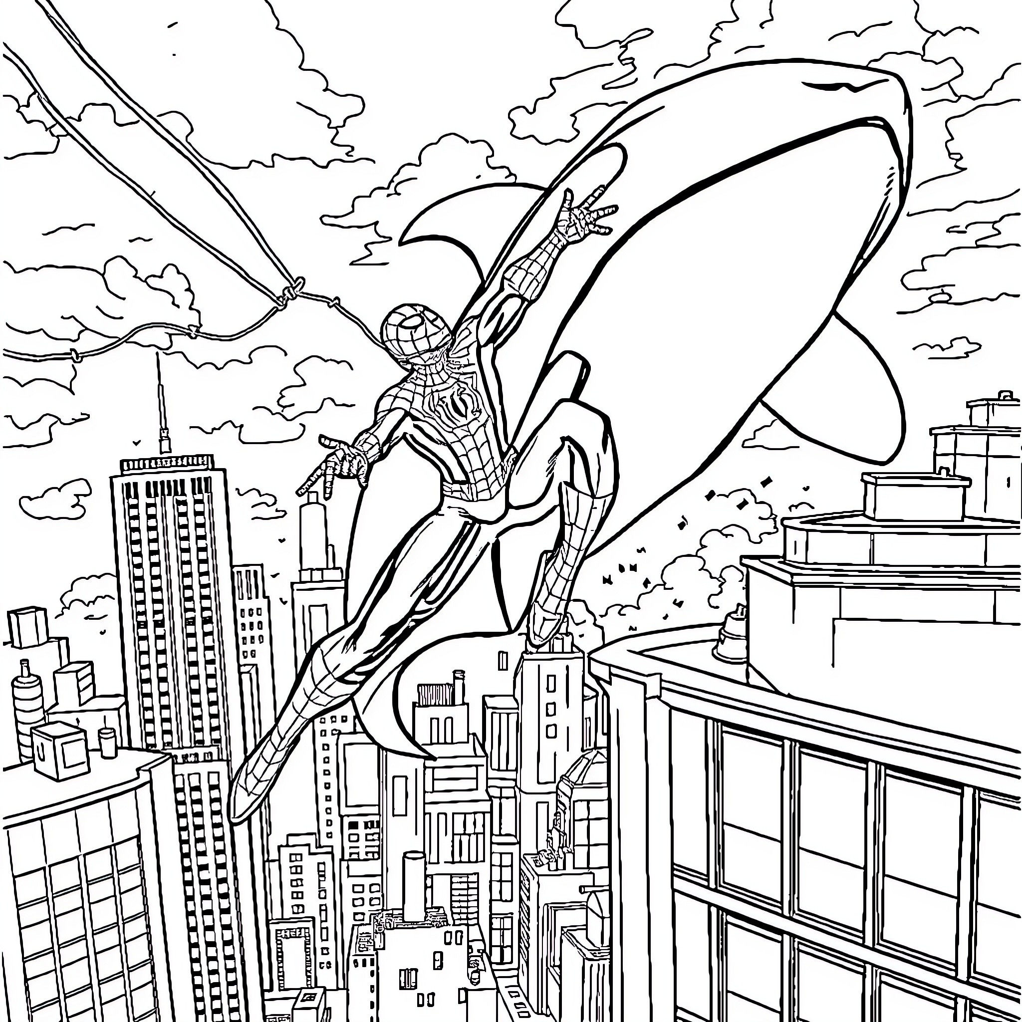 Spiderman swinging through the city skyline Coloring Page (free black-and-white line drawing printable PDF for all, from beginners to advanced learners, including children, teens, adults, and seniors)