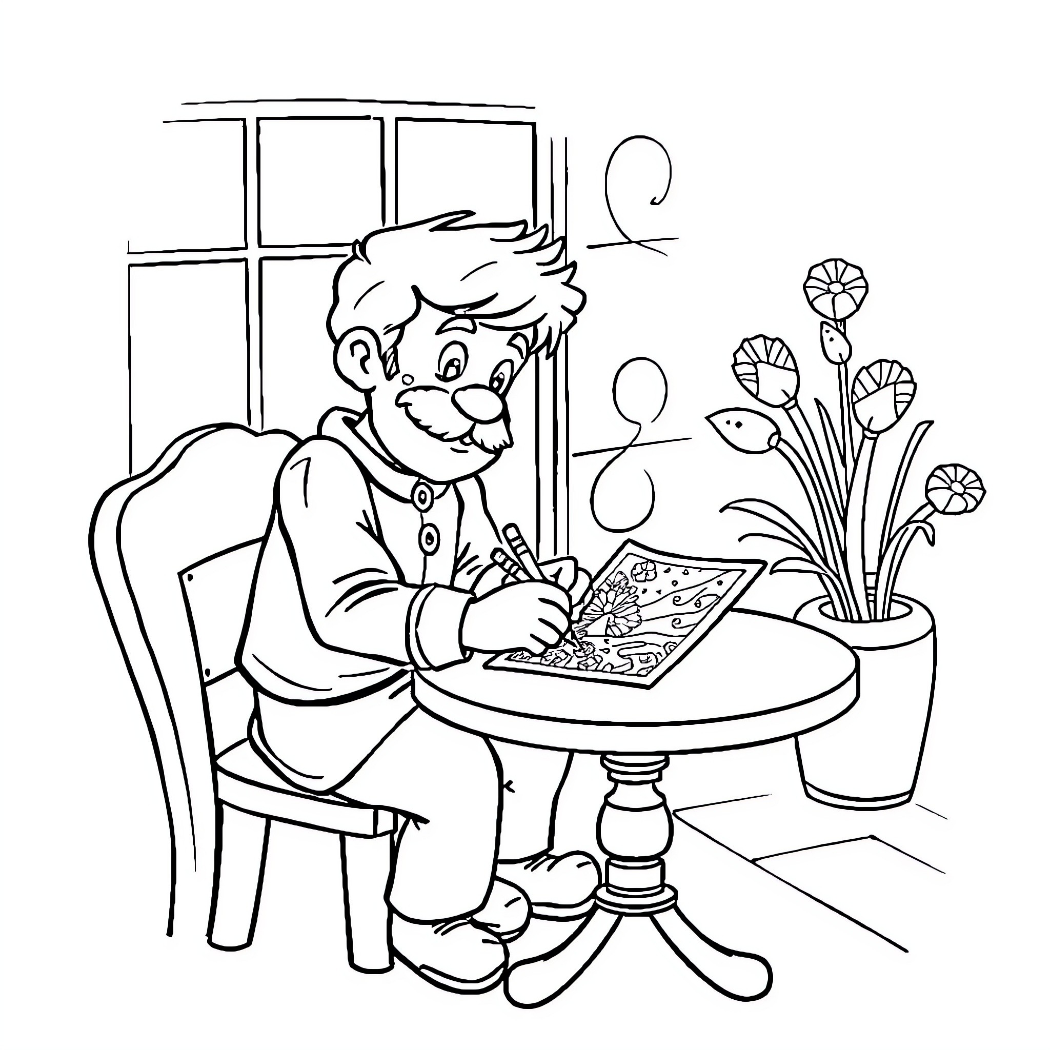 Rinaldo Enjoying a Cozy Indoor Pastime Coloring Page (free black-and-white line drawing printable PDF for all, from beginners to advanced learners, including children, teens, adults, and seniors)
