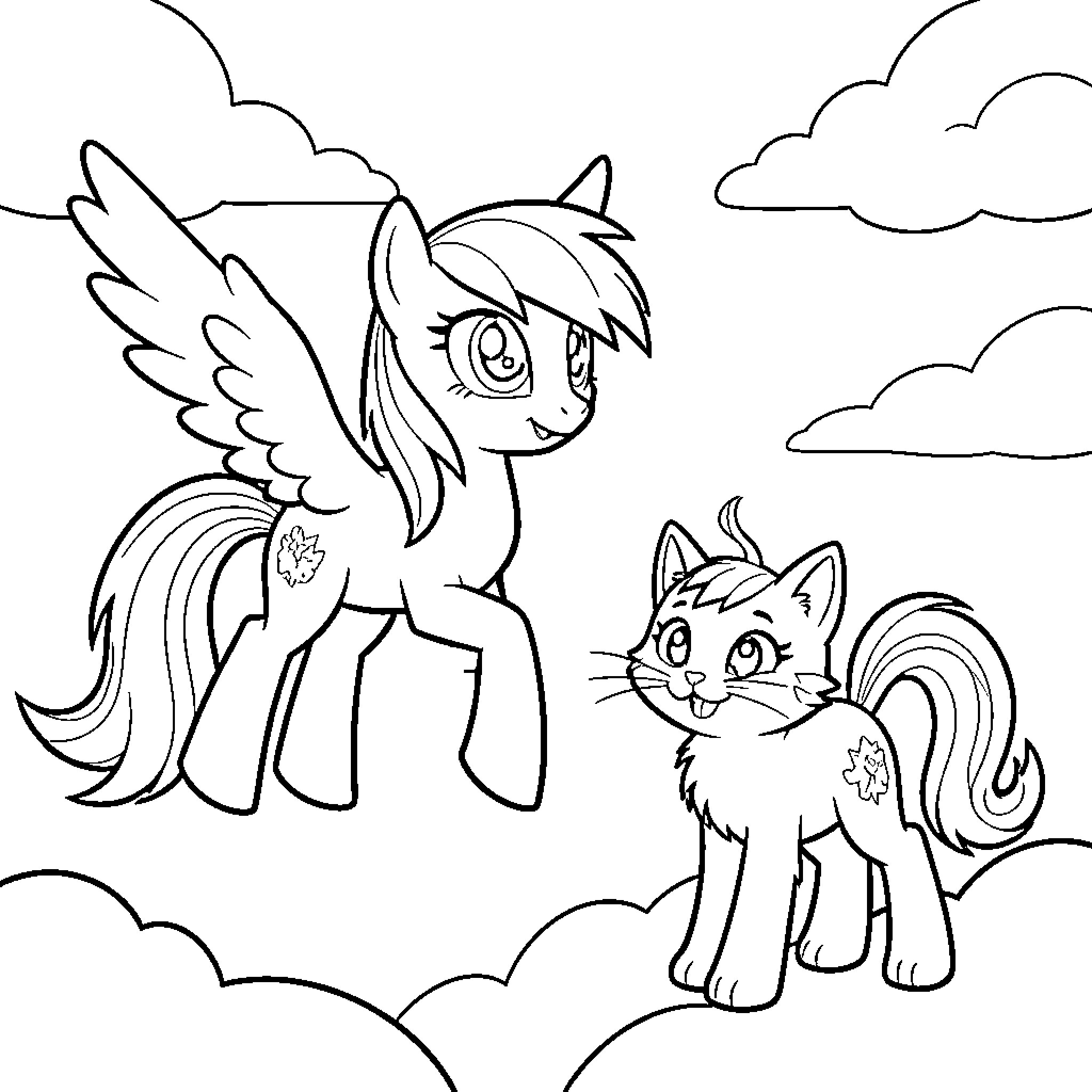 Rainbow Dash standing happily with a small kitten Coloring Page (free black-and-white line drawing printable PDF for all, from beginners to advanced learners, including children, teens, adults, and seniors)