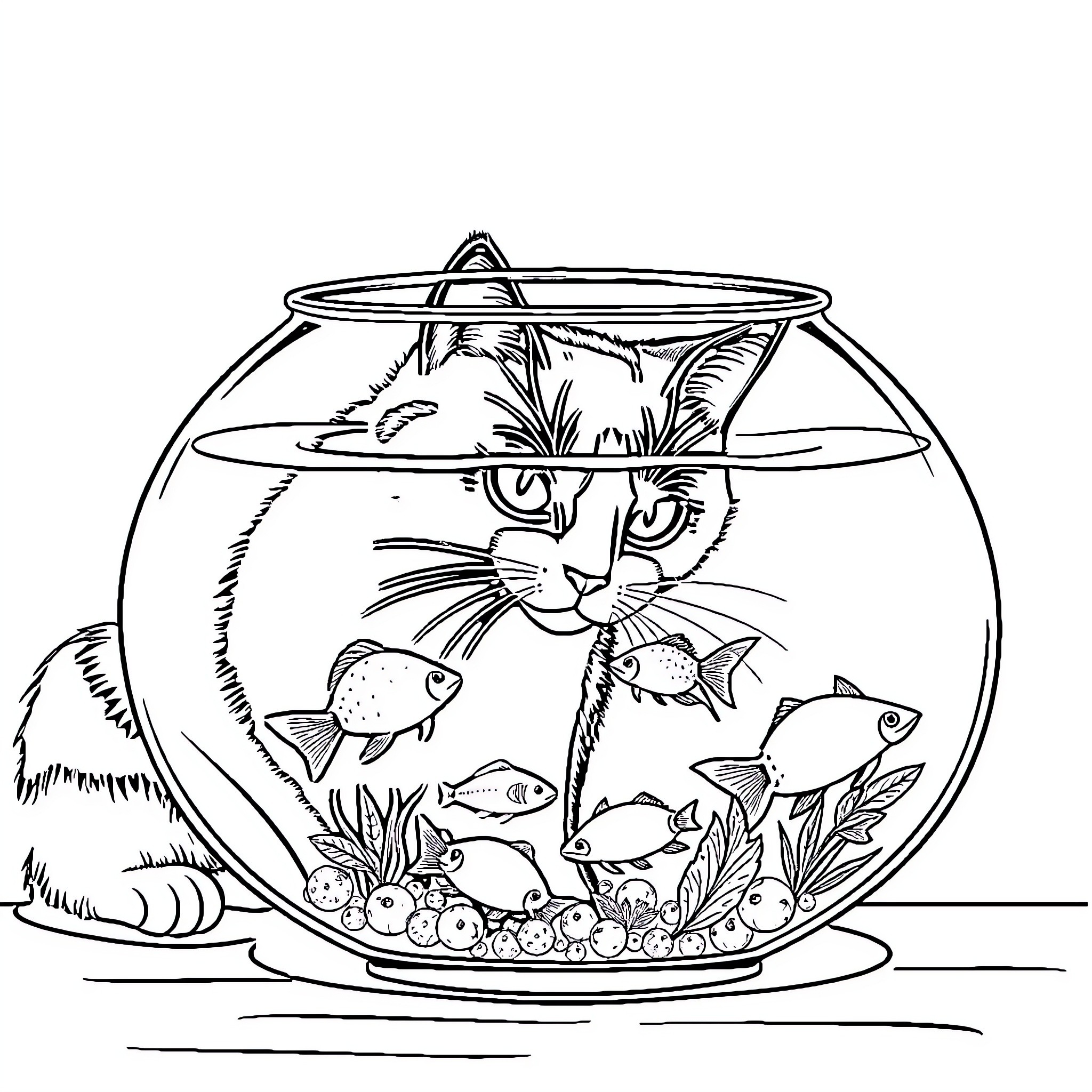Tuxedo Cat gazing curiously at fish in aquarium Coloring Page (free black-and-white line drawing printable PDF for all, from beginners to advanced learners, including children, teens, adults, and seniors)