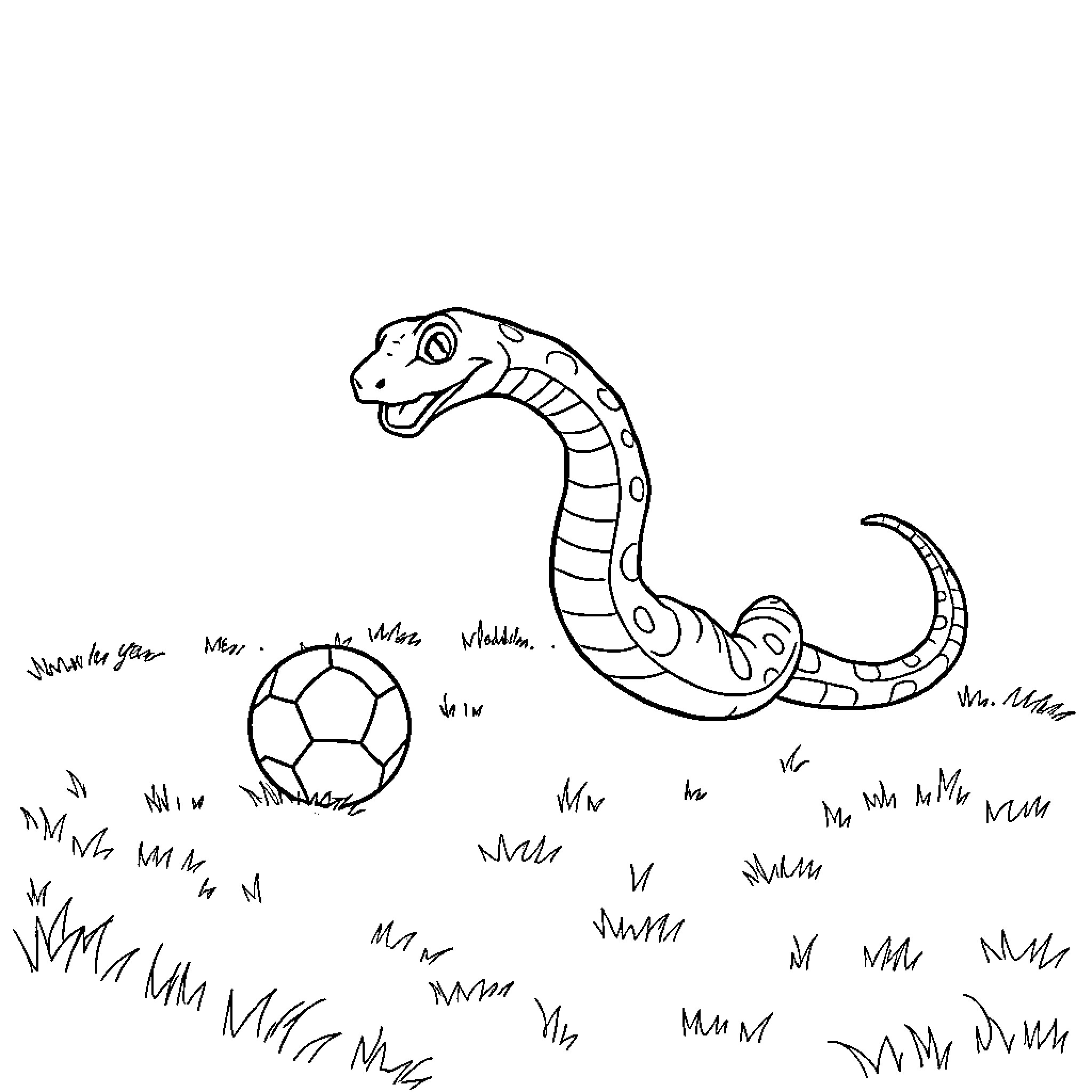 Snake playing with a soccer ball in the grass Coloring Page (free black-and-white line drawing printable PDF for all, from beginners to advanced learners, including children, teens, adults, and seniors)