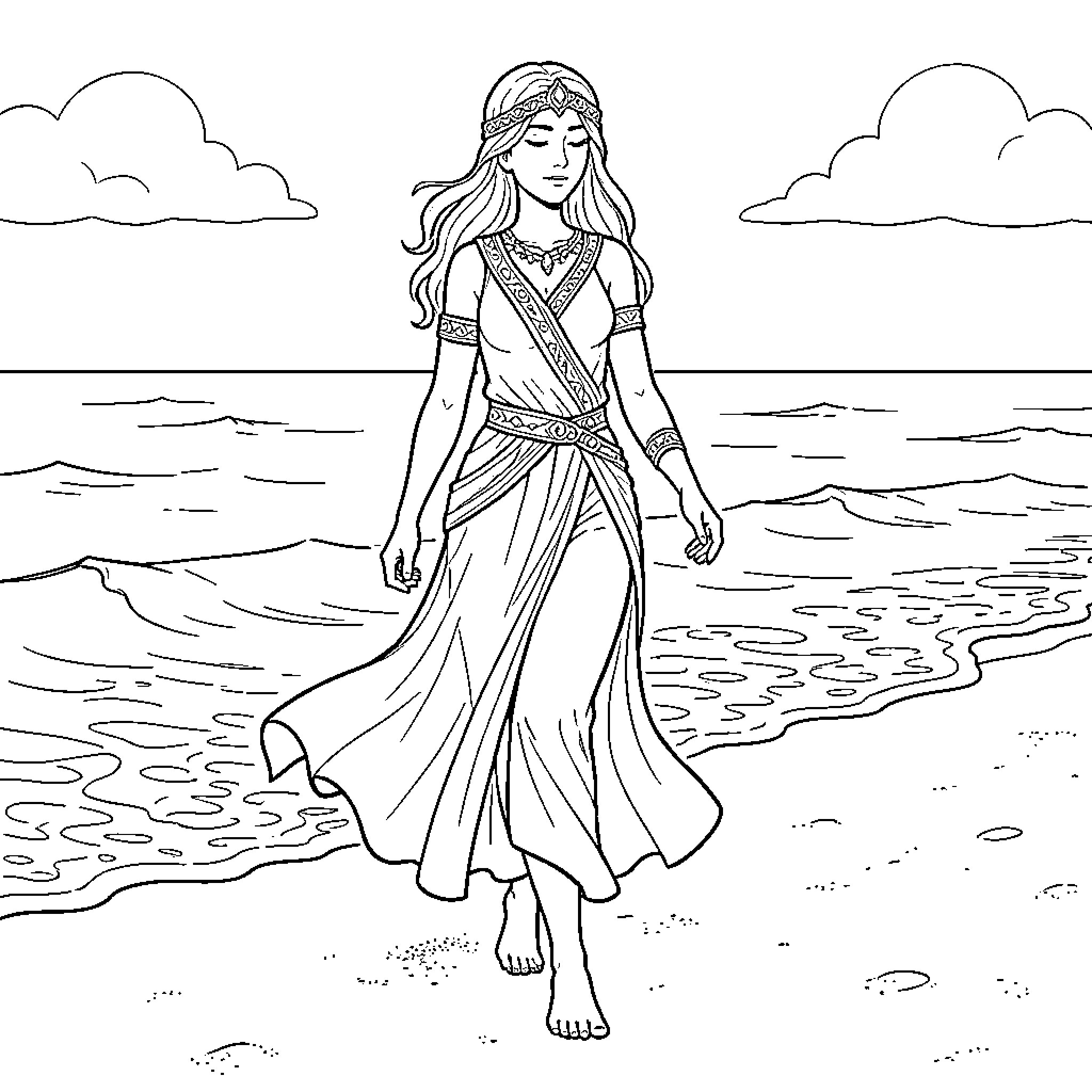 Goddess walking gracefully along a peaceful shoreline Coloring Page (free black-and-white line drawing printable PDF for all, from beginners to advanced learners, including children, teens, adults, and seniors)