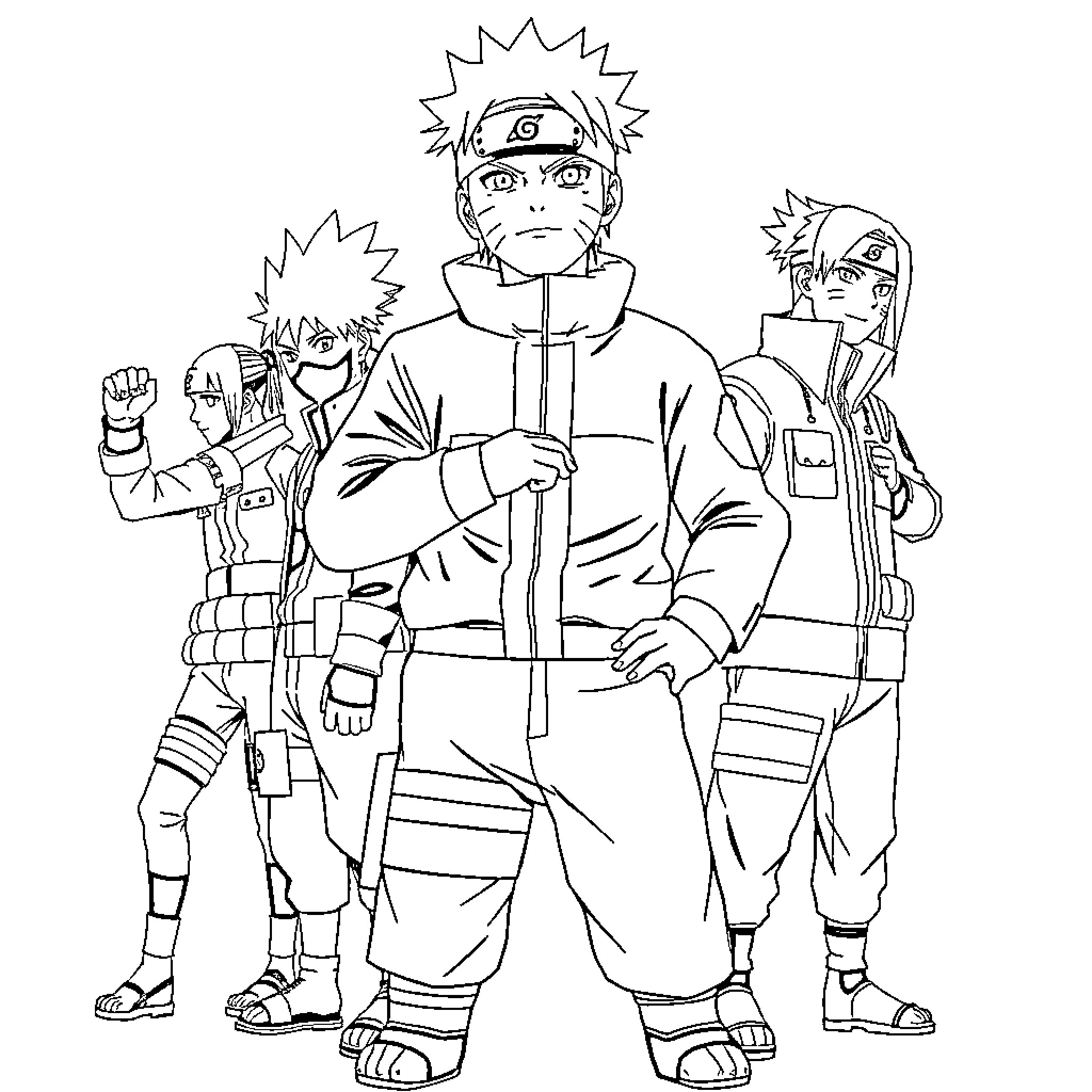 Naruto and friends in action-packed adventure Coloring Page (free black-and-white line drawing printable PDF for all, from beginners to advanced learners, including children, teens, adults, and seniors)