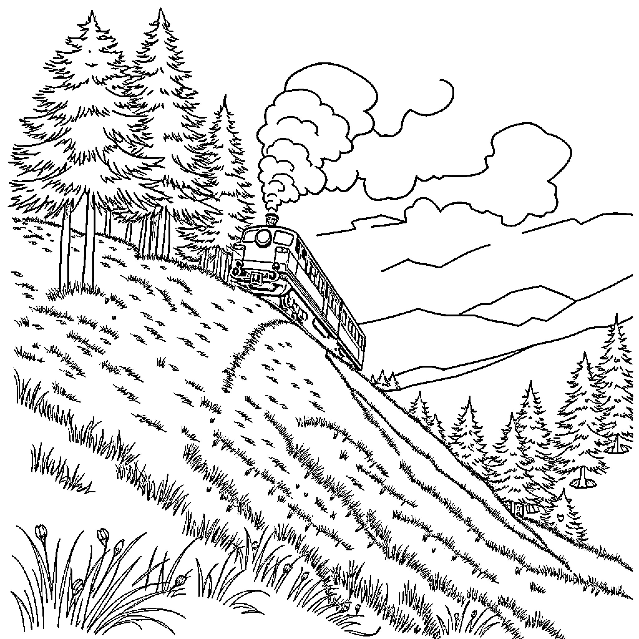 Train passing through scenic forest landscape Coloring Page (free black-and-white line drawing printable PDF for all, from beginners to advanced learners, including children, teens, adults, and seniors)