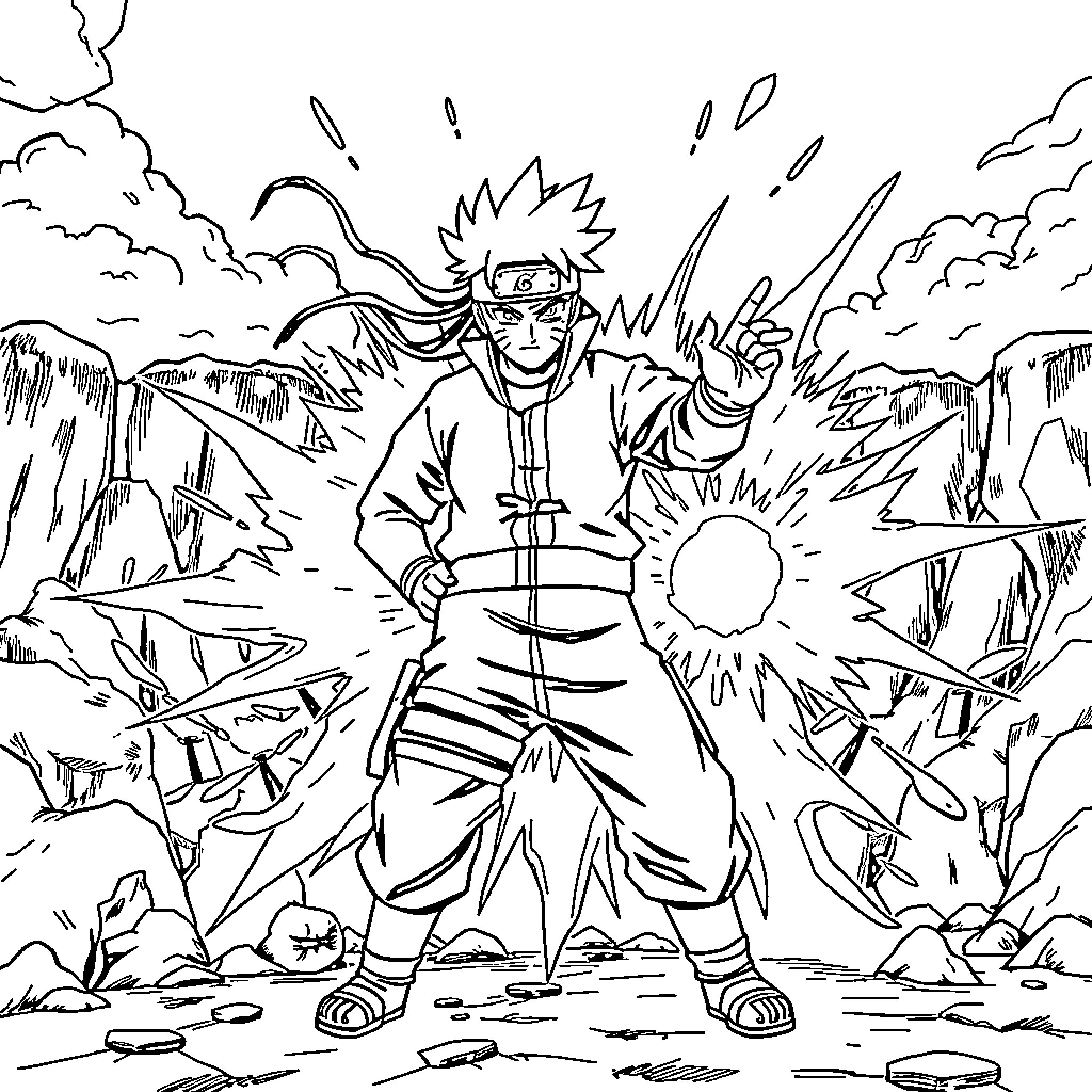 Naruto's Explosive Combat in the Ninja World Coloring Page (free black-and-white line drawing printable PDF for all, from beginners to advanced learners, including children, teens, adults, and seniors)