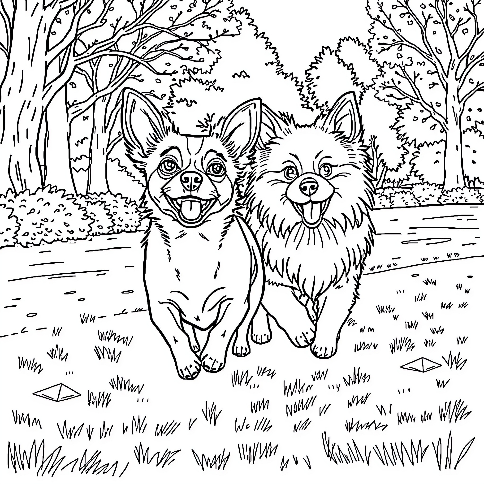 Dogs playing happily in the forest Coloring Page (free black-and-white line drawing printable PDF for all, from beginners to advanced learners, including children, teens, adults, and seniors)