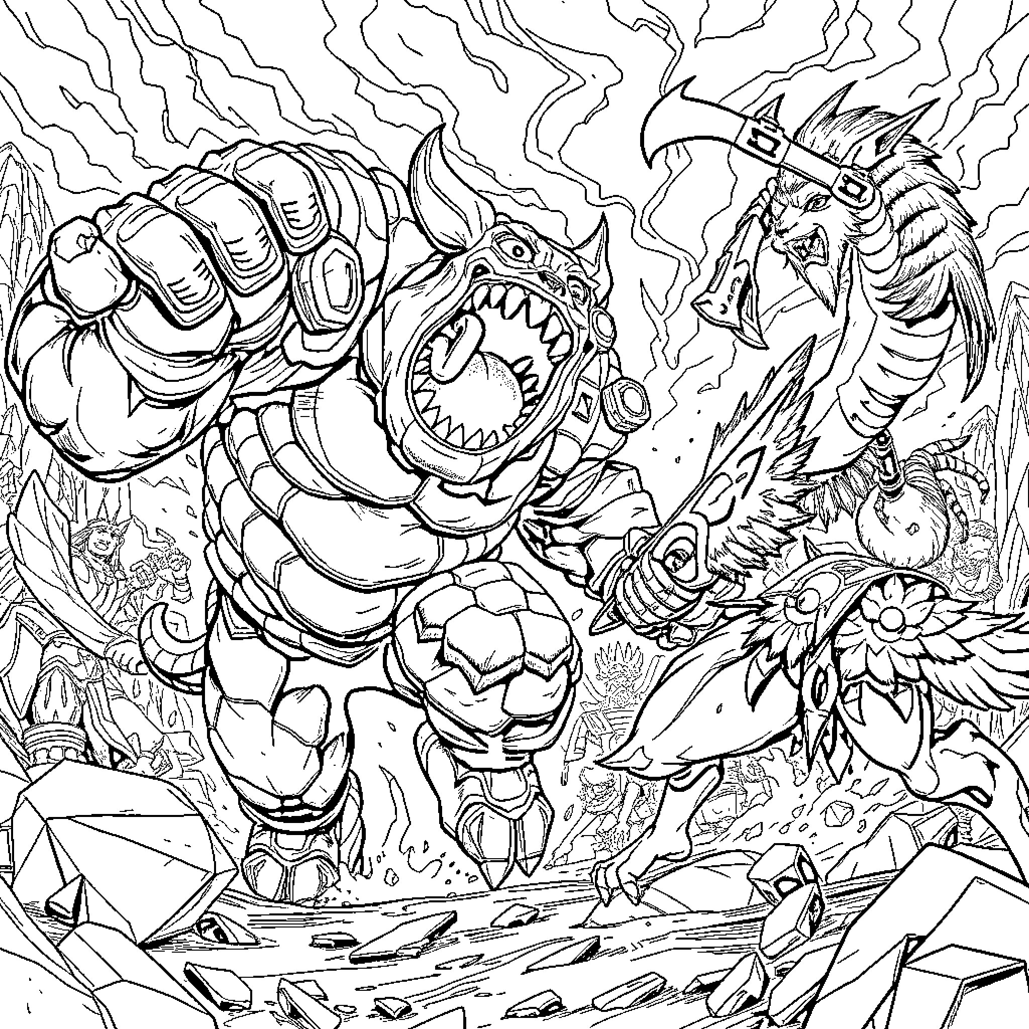Malphite, the Mighty Stone Golem, in Fierce Battle Coloring Page (free black-and-white line drawing printable PDF for all, from beginners to advanced learners, including children, teens, adults, and seniors)