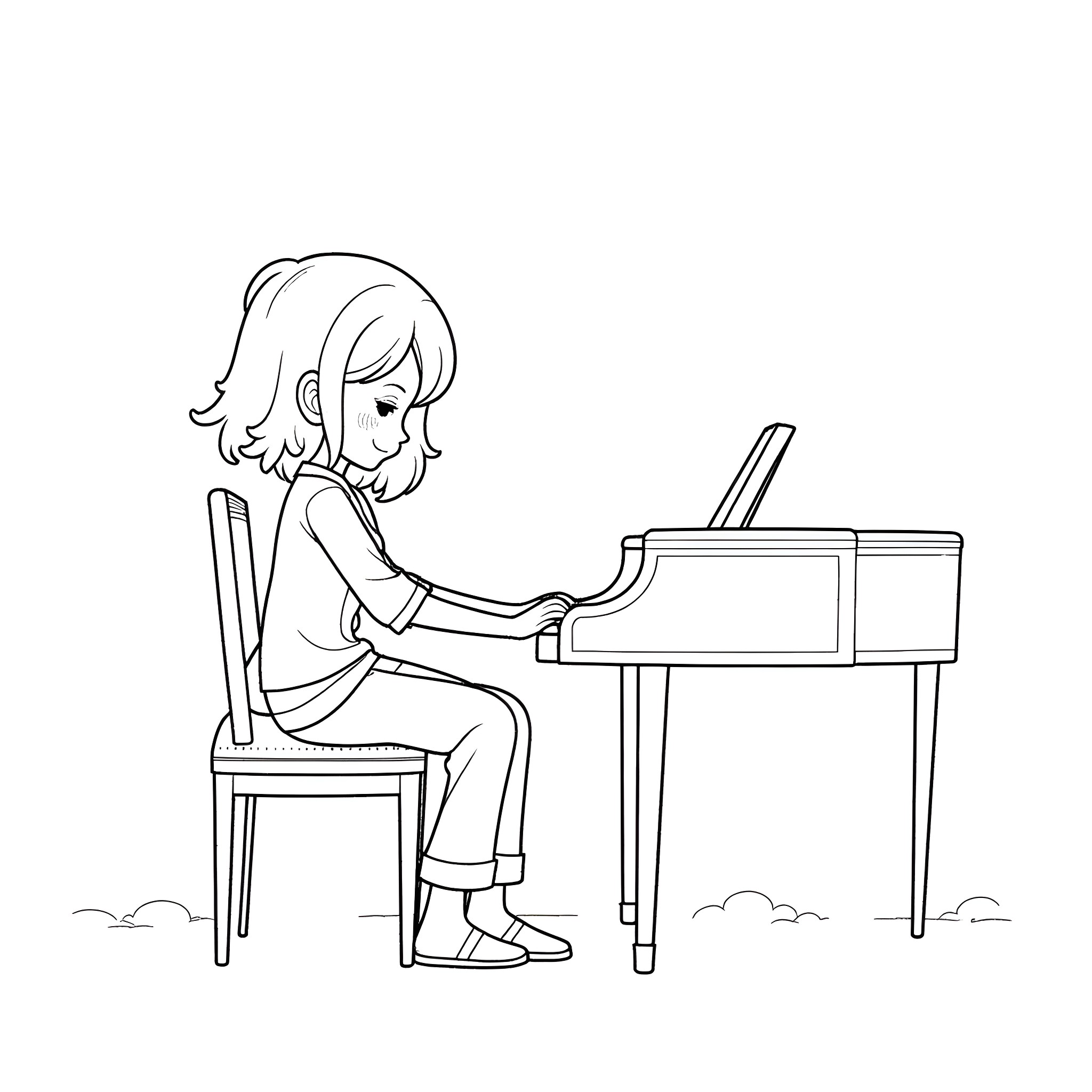 Nezuko playing the piano in a serene setting Coloring Page (free black-and-white line drawing printable PDF for all, from beginners to advanced learners, including children, teens, adults, and seniors)