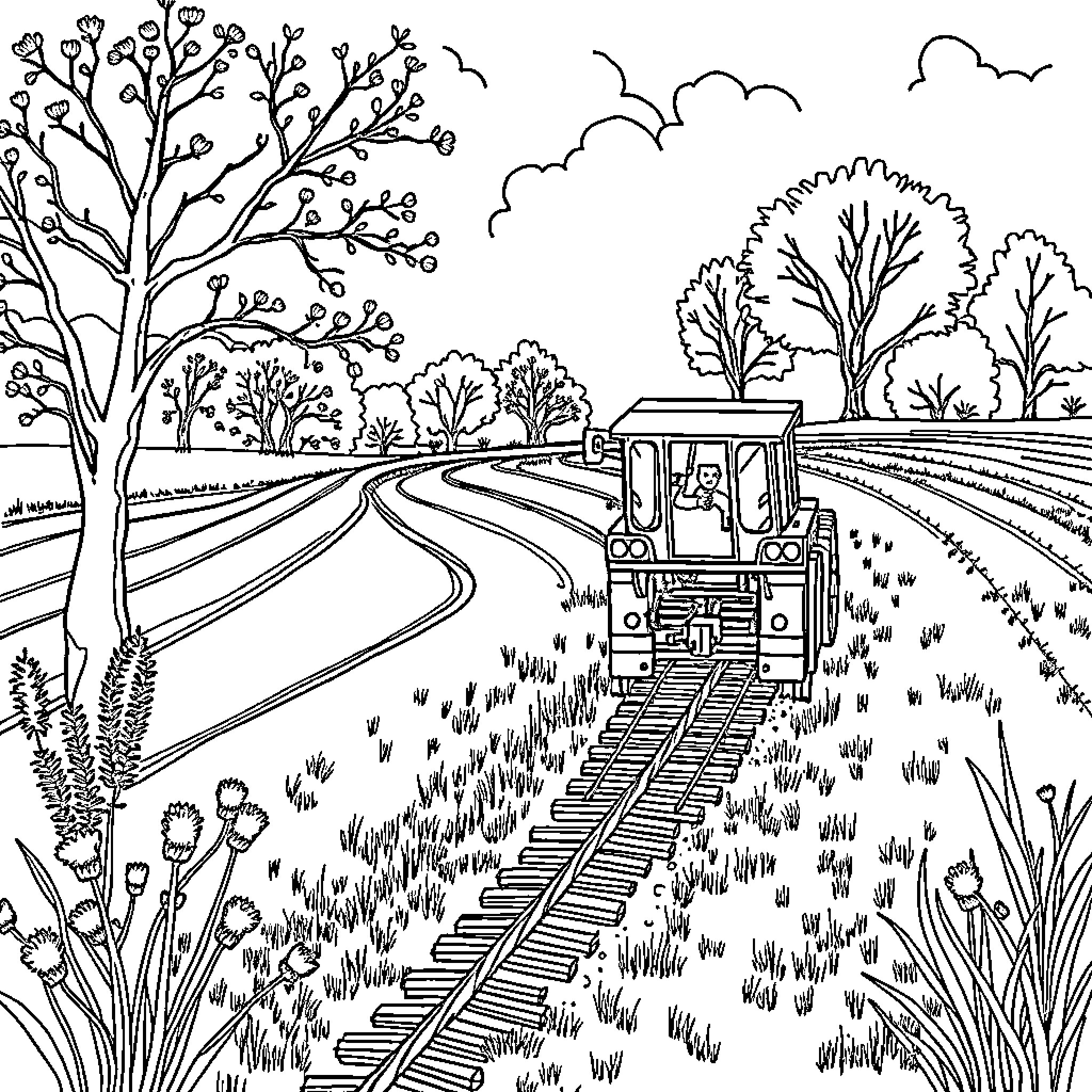 Tractor driving down a rural road Coloring Page (free black-and-white line drawing printable PDF for all, from beginners to advanced learners, including children, teens, adults, and seniors)