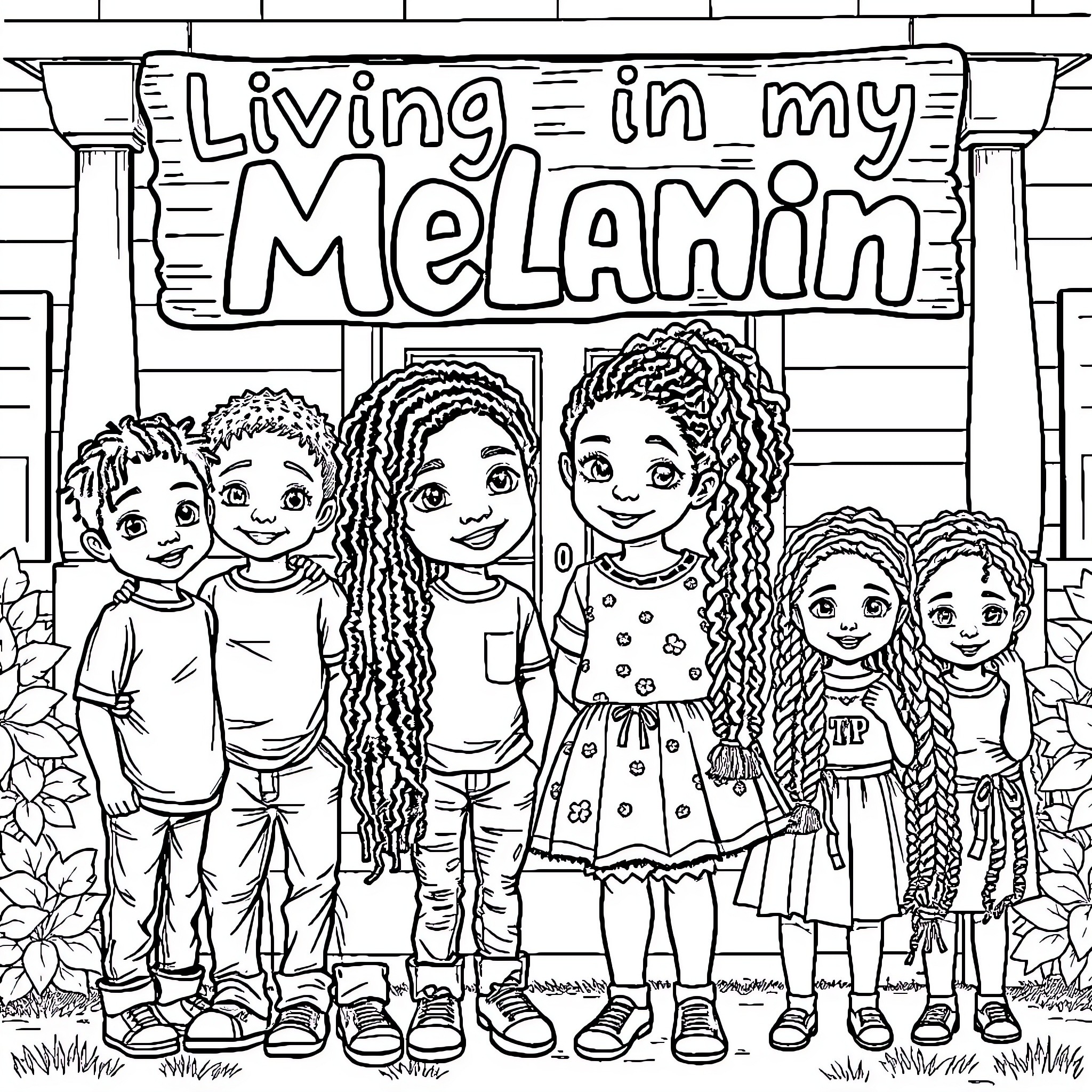 Children celebrating diversity and inclusion Coloring Page (free black-and-white line drawing printable PDF for all, from beginners to advanced learners, including children, teens, adults, and seniors)
