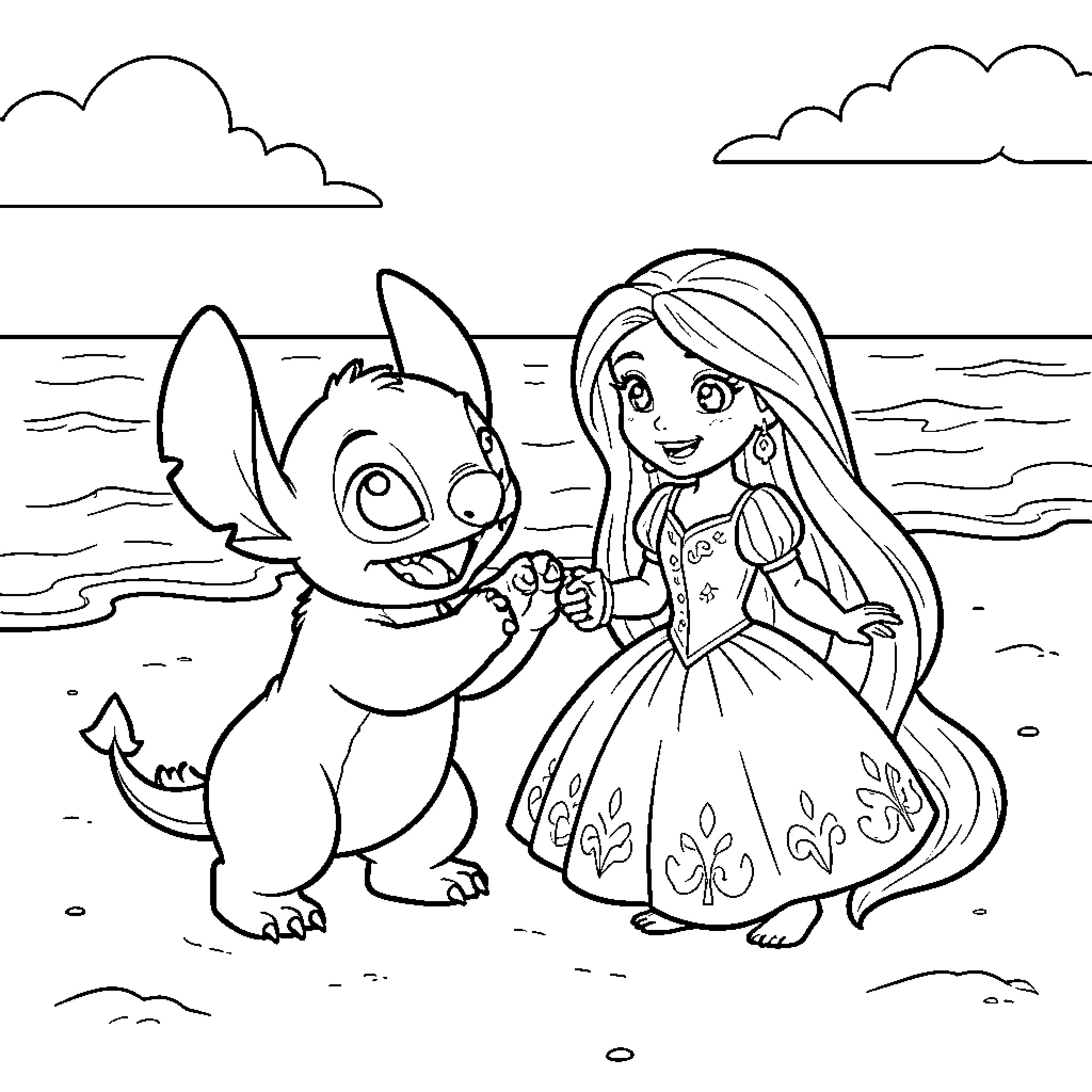 Stitch and Rapunzel holding hands on the beach Coloring Page (free black-and-white line drawing printable PDF for all, from beginners to advanced learners, including children, teens, adults, and seniors)