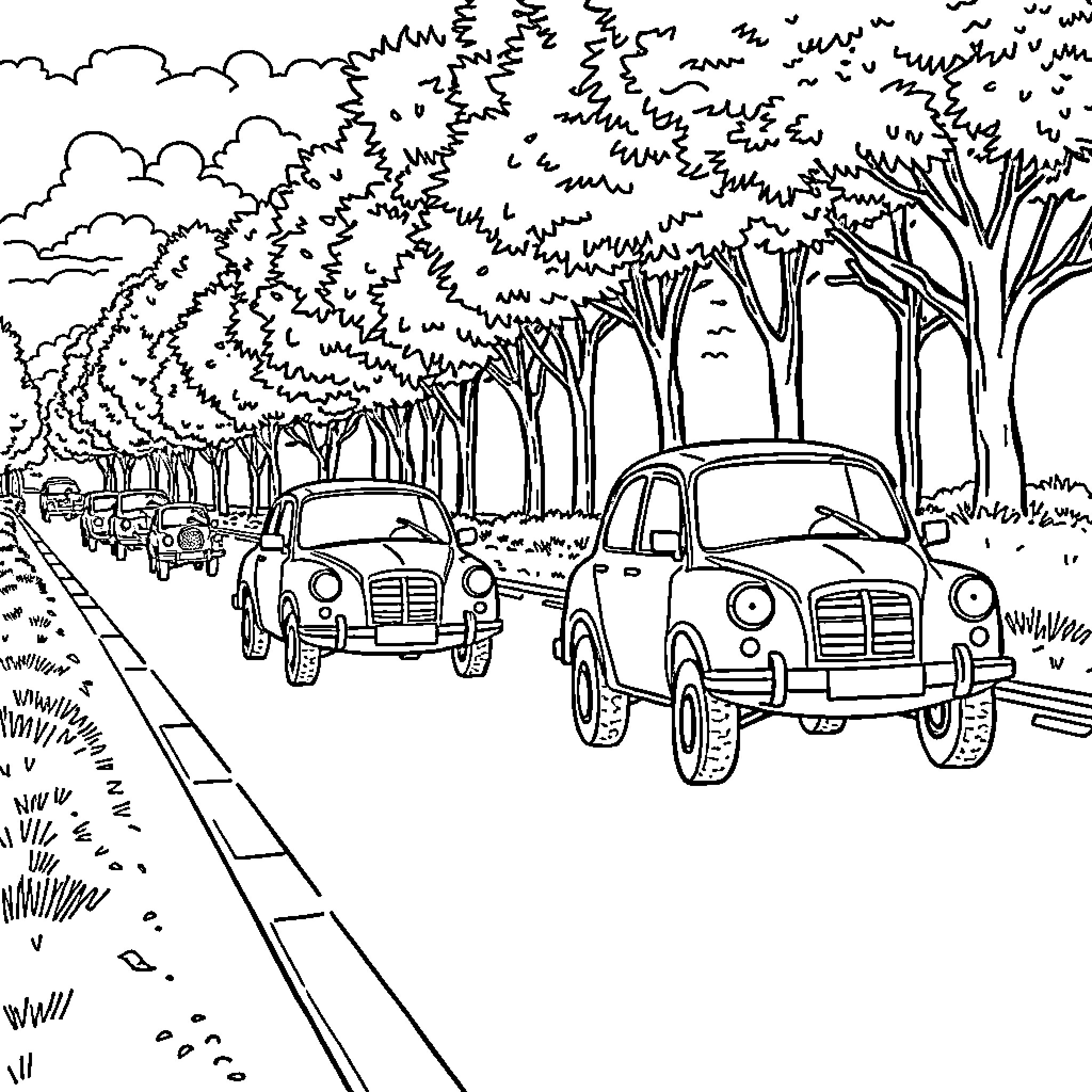 Car traveling down a wooded road Coloring Page (free black-and-white line drawing printable PDF for all, from beginners to advanced learners, including children, teens, adults, and seniors)