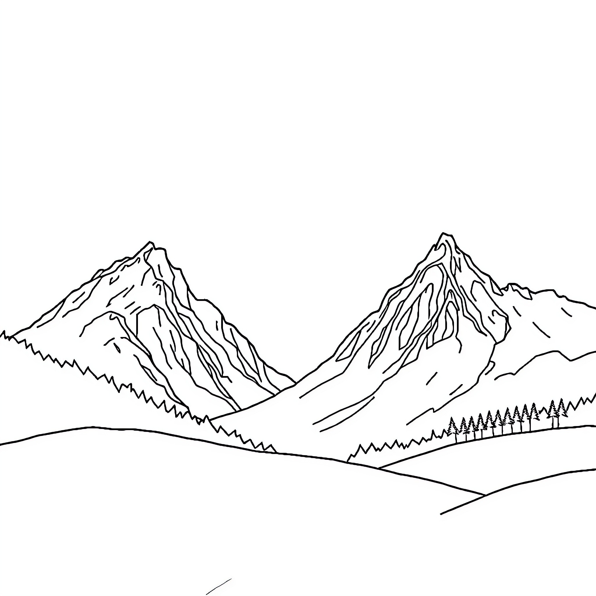 Landscape of rugged mountain peaks Coloring Page (free black-and-white line drawing printable PDF for all, from beginners to advanced learners, including children, teens, adults, and seniors)