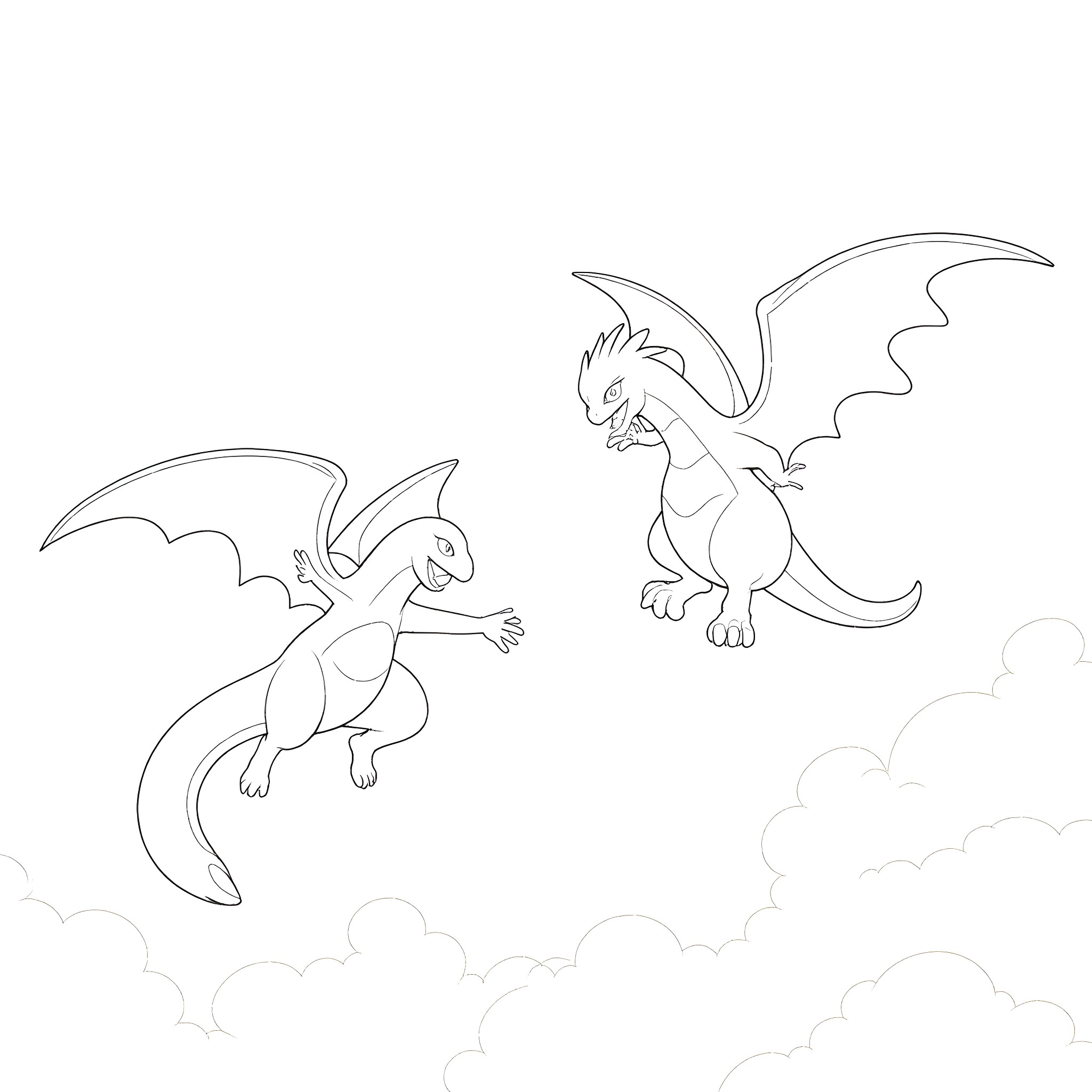 Raquayza's Dragons in Flight Coloring Page (free black-and-white line drawing printable PDF for all, from beginners to advanced learners, including children, teens, adults, and seniors)