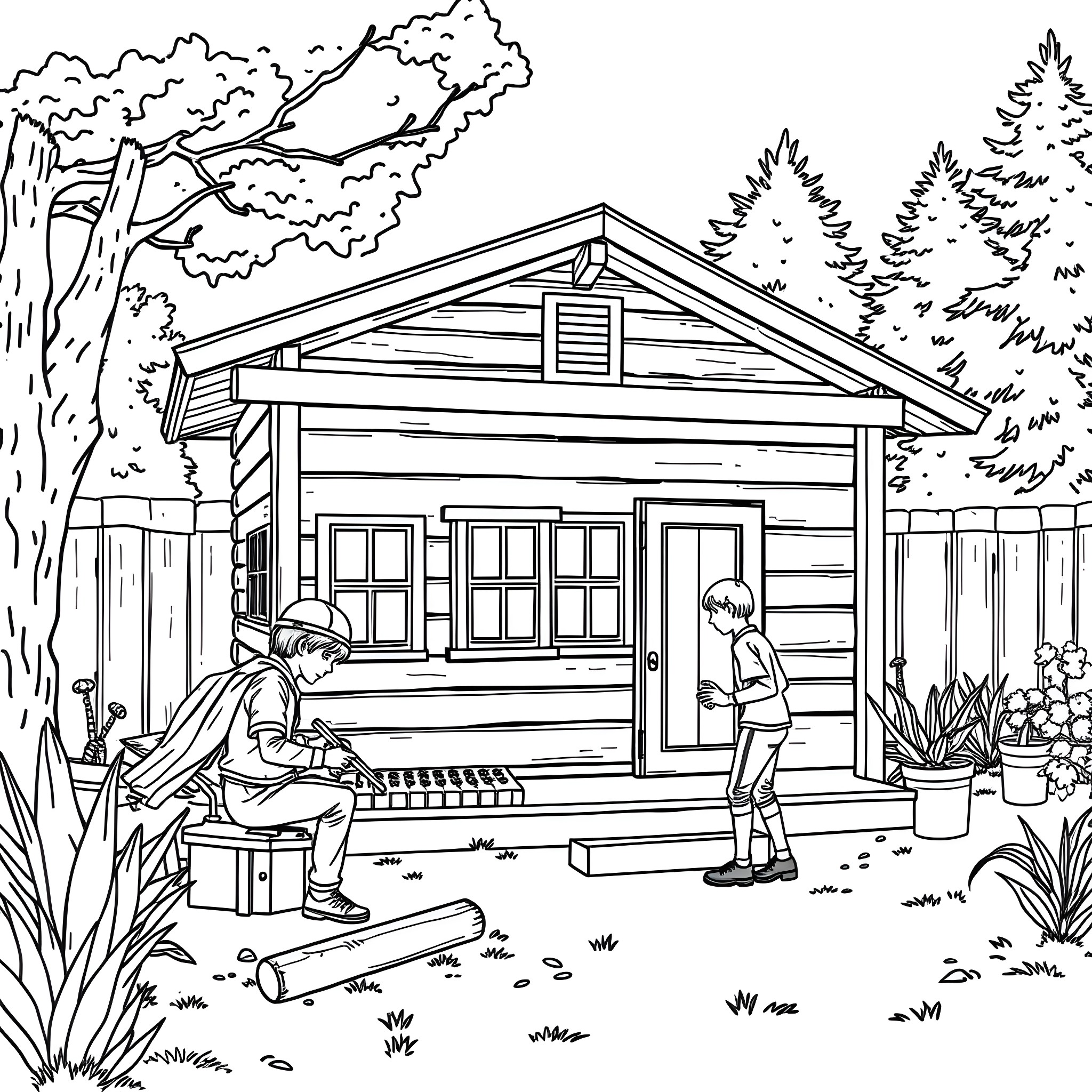 Stranger Things: Children playing outside a cabin in the woods Coloring Page (free black-and-white line drawing printable PDF for all, from beginners to advanced learners, including children, teens, adults, and seniors)