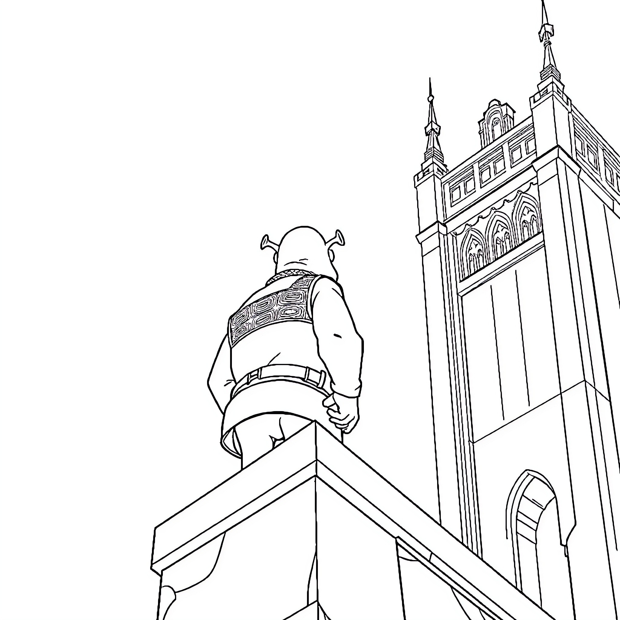Shrek overlooking a medieval castle tower Coloring Page (free black-and-white line drawing printable PDF for all, from beginners to advanced learners, including children, teens, adults, and seniors)