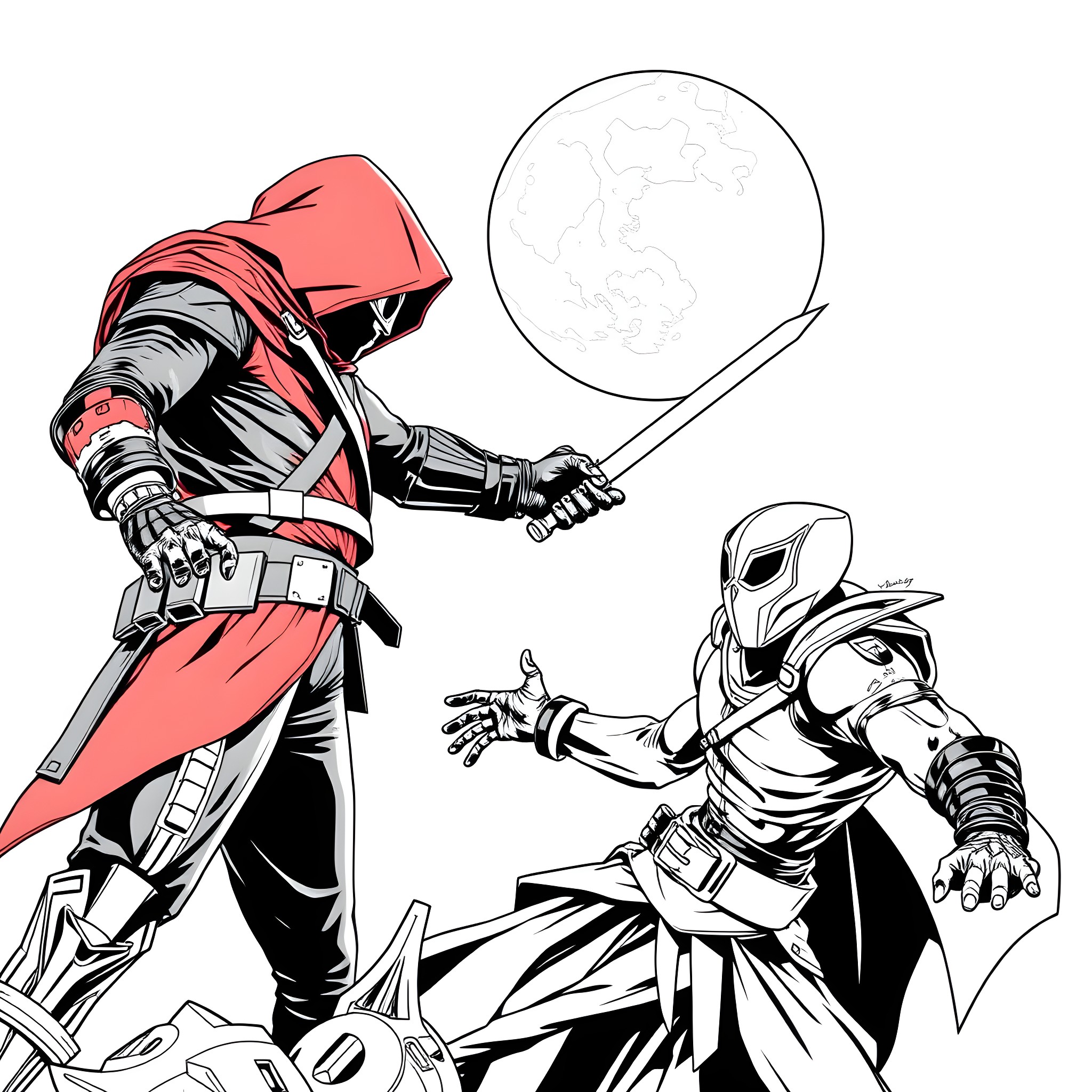 Hood figures in intense combat with glowing orb Coloring Page (free black-and-white line drawing printable PDF for all, from beginners to advanced learners, including children, teens, adults, and seniors)