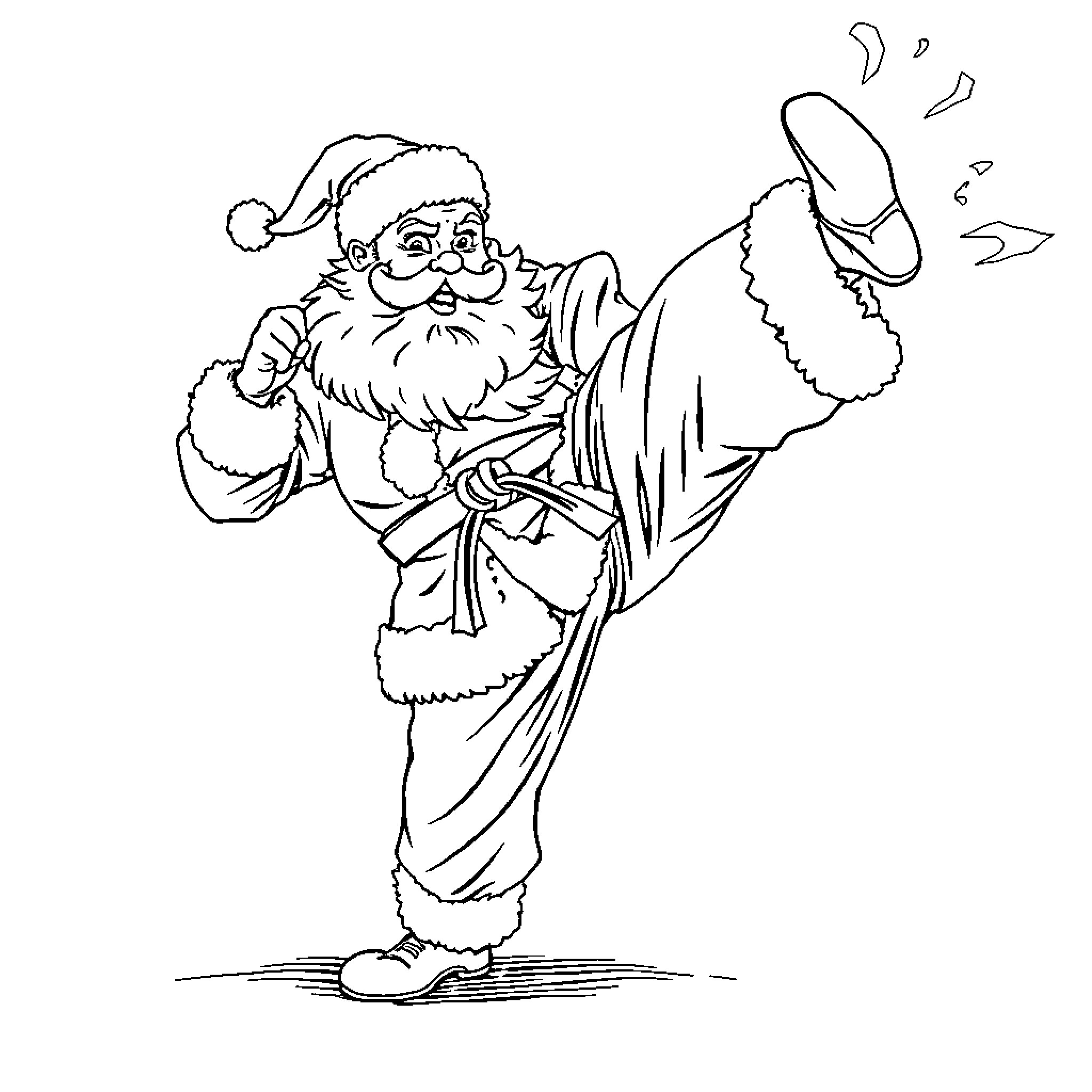 Santa Claus in comical pose Coloring Page (free black-and-white line drawing printable PDF for all, from beginners to advanced learners, including children, teens, adults, and seniors)