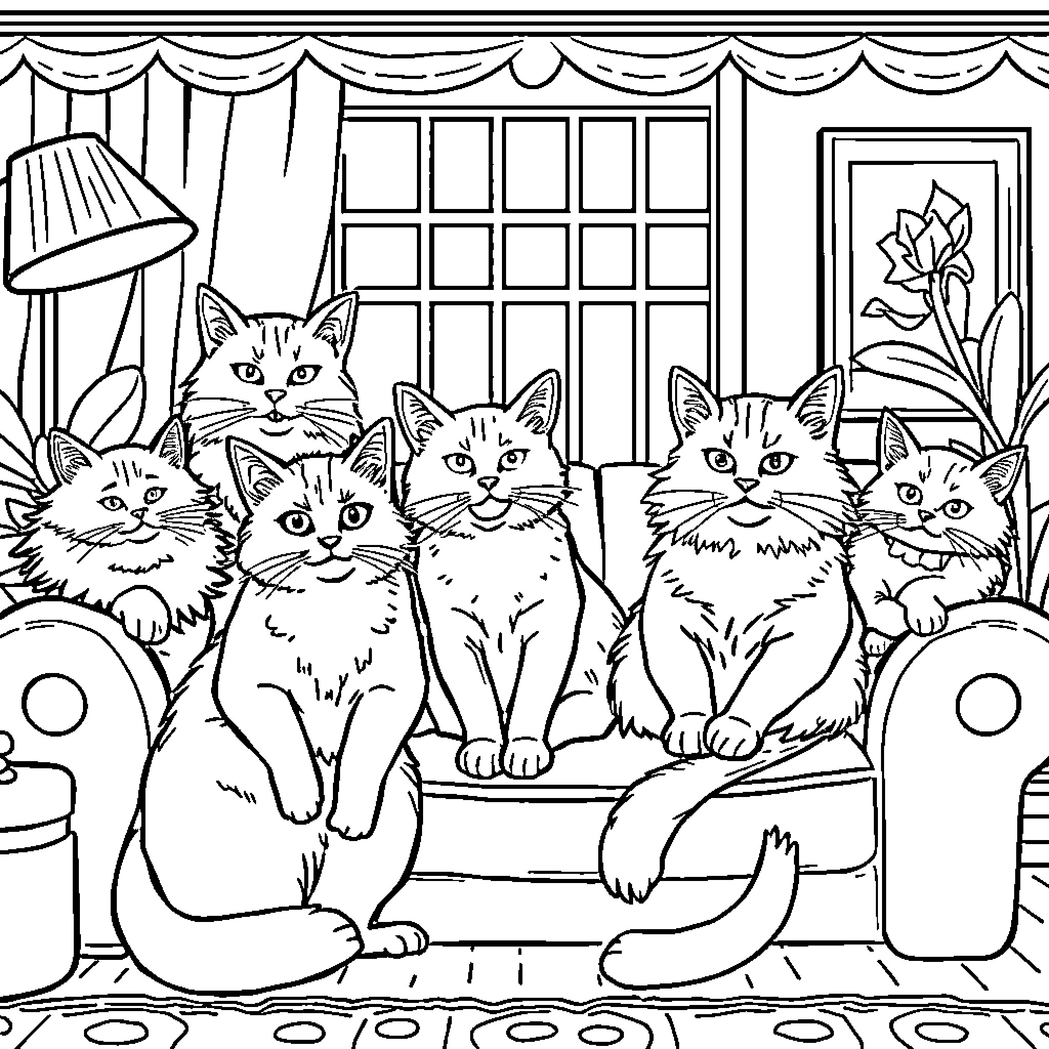 Cat Family Gathered Indoors Coloring Page (free black-and-white line drawing printable PDF for all, from beginners to advanced learners, including children, teens, adults, and seniors)