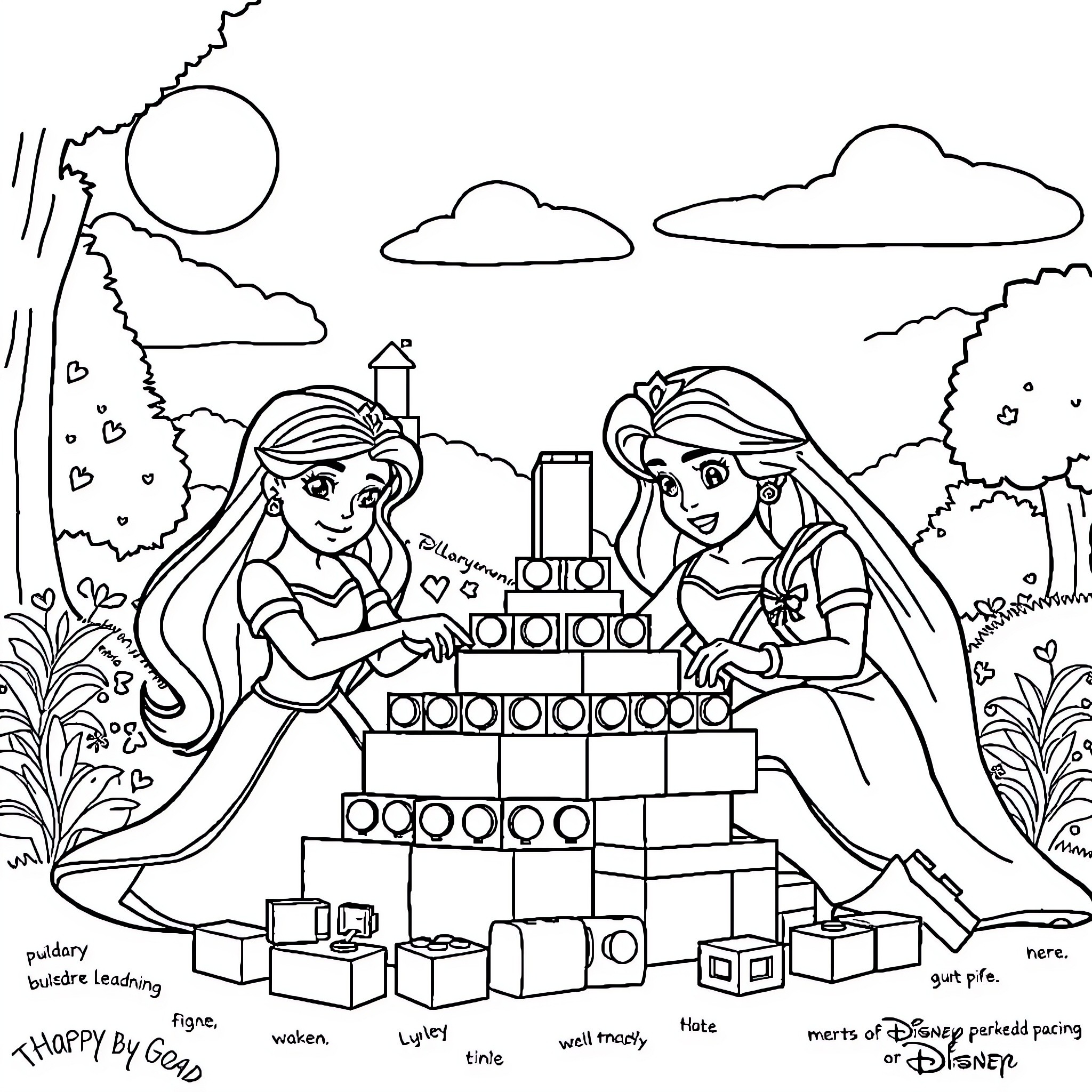 Princess Enjoying Playful Moment with Friend Coloring Page (free black-and-white line drawing printable PDF for all, from beginners to advanced learners, including children, teens, adults, and seniors)