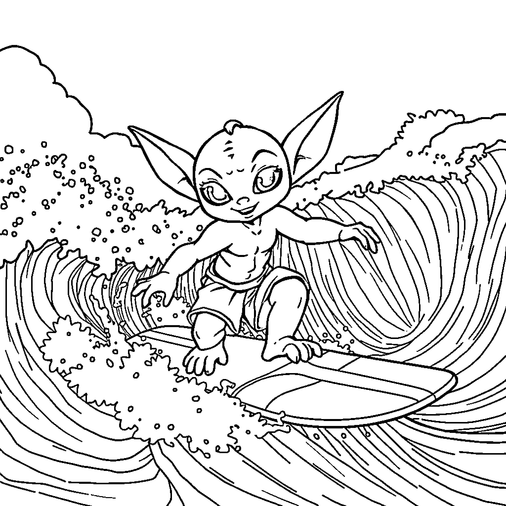 Avatar Creature Surfing on Waves Coloring Page (free black-and-white line drawing printable PDF for all, from beginners to advanced learners, including children, teens, adults, and seniors)