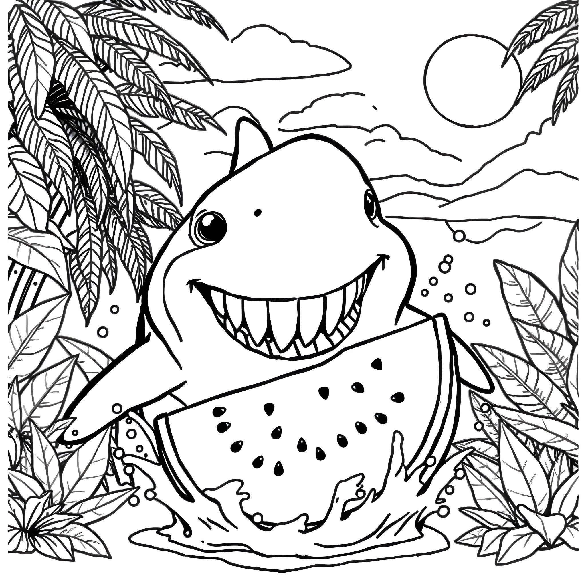 Shark swimming happily in the tropical ocean Coloring Page (free black-and-white line drawing printable PDF for all, from beginners to advanced learners, including children, teens, adults, and seniors)