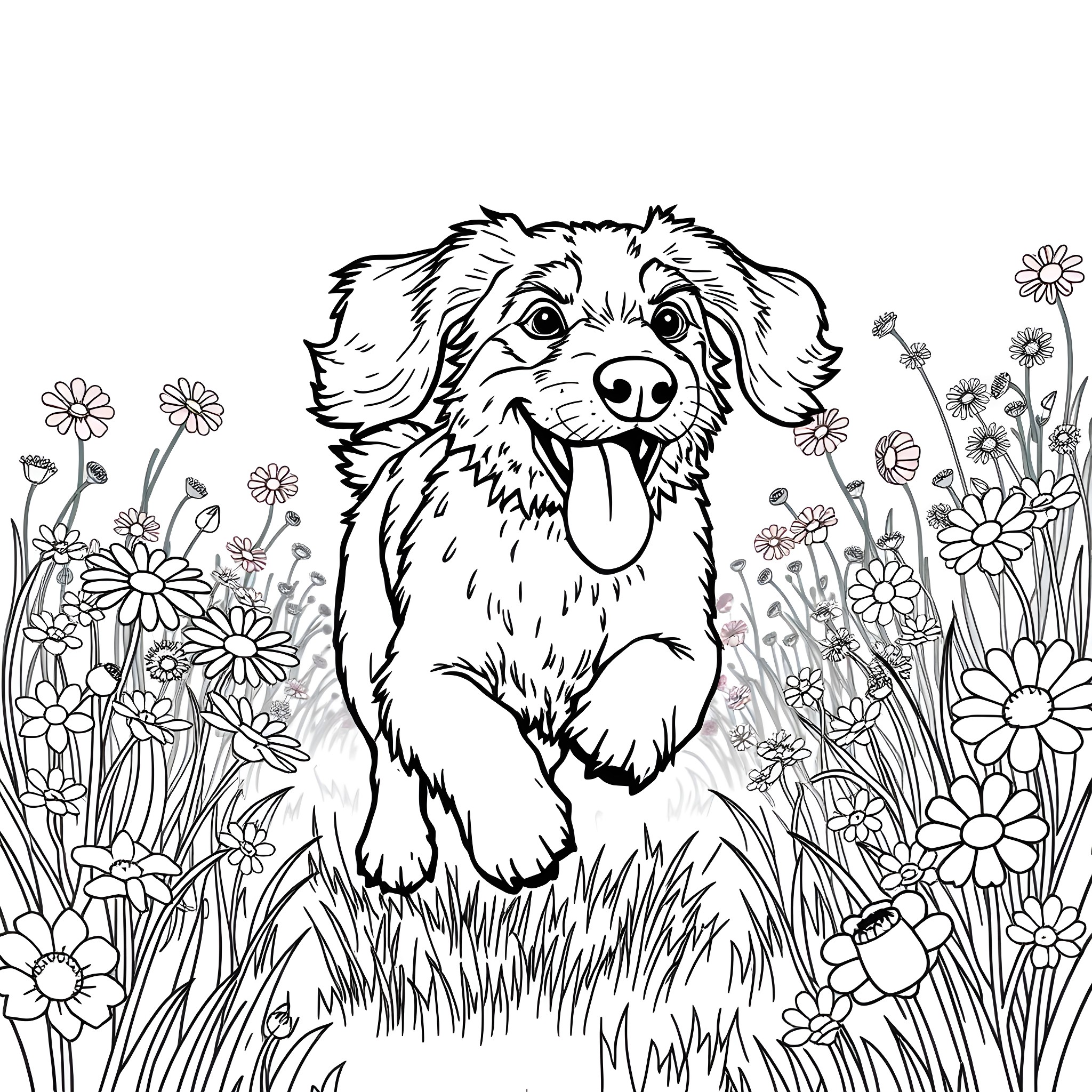 Dog playing in a floral meadow Coloring Page (free black-and-white line drawing printable PDF for all, from beginners to advanced learners, including children, teens, adults, and seniors)