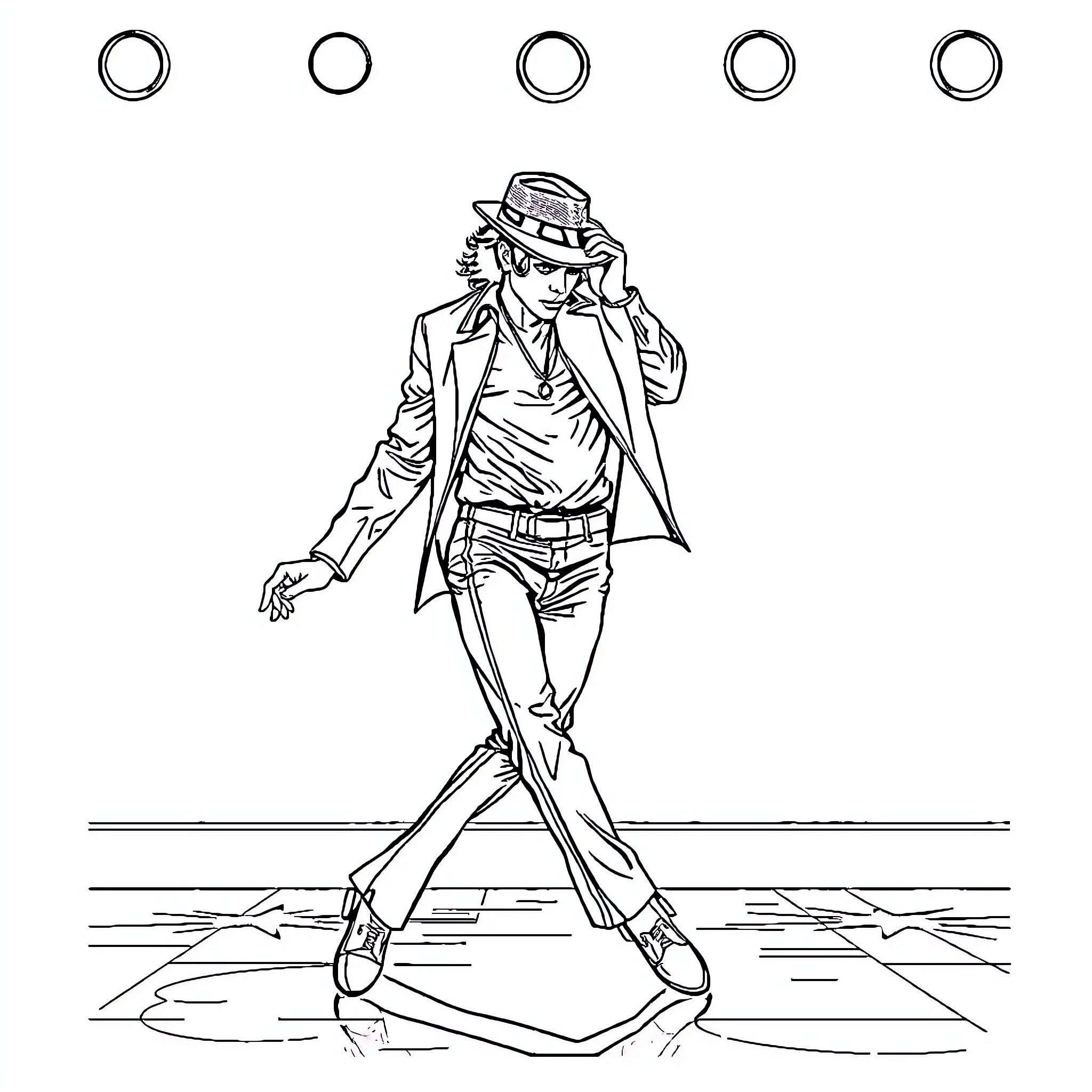 Mickael Jackson performing on stage Coloring Page (free black-and-white line drawing printable PDF for all, from beginners to advanced learners, including children, teens, adults, and seniors)