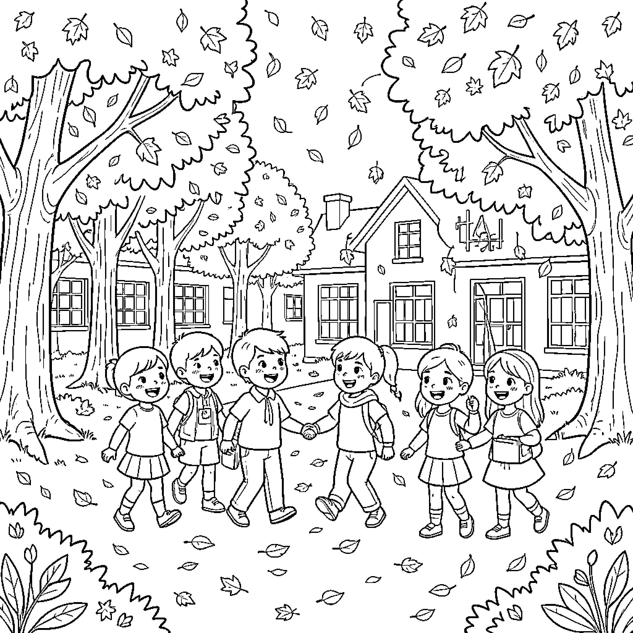 Autumn scene of children walking happily near a school Coloring Page (free black-and-white line drawing printable PDF for all, from beginners to advanced learners, including children, teens, adults, and seniors)