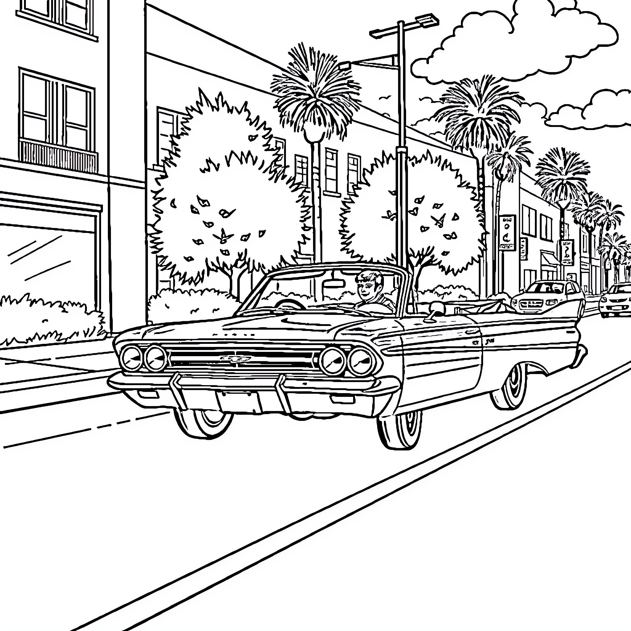 Hank Hill's classic car cruising through a palm tree-lined city street Coloring Page (free black-and-white line drawing printable PDF for all, from beginners to advanced learners, including children, teens, adults, and seniors)