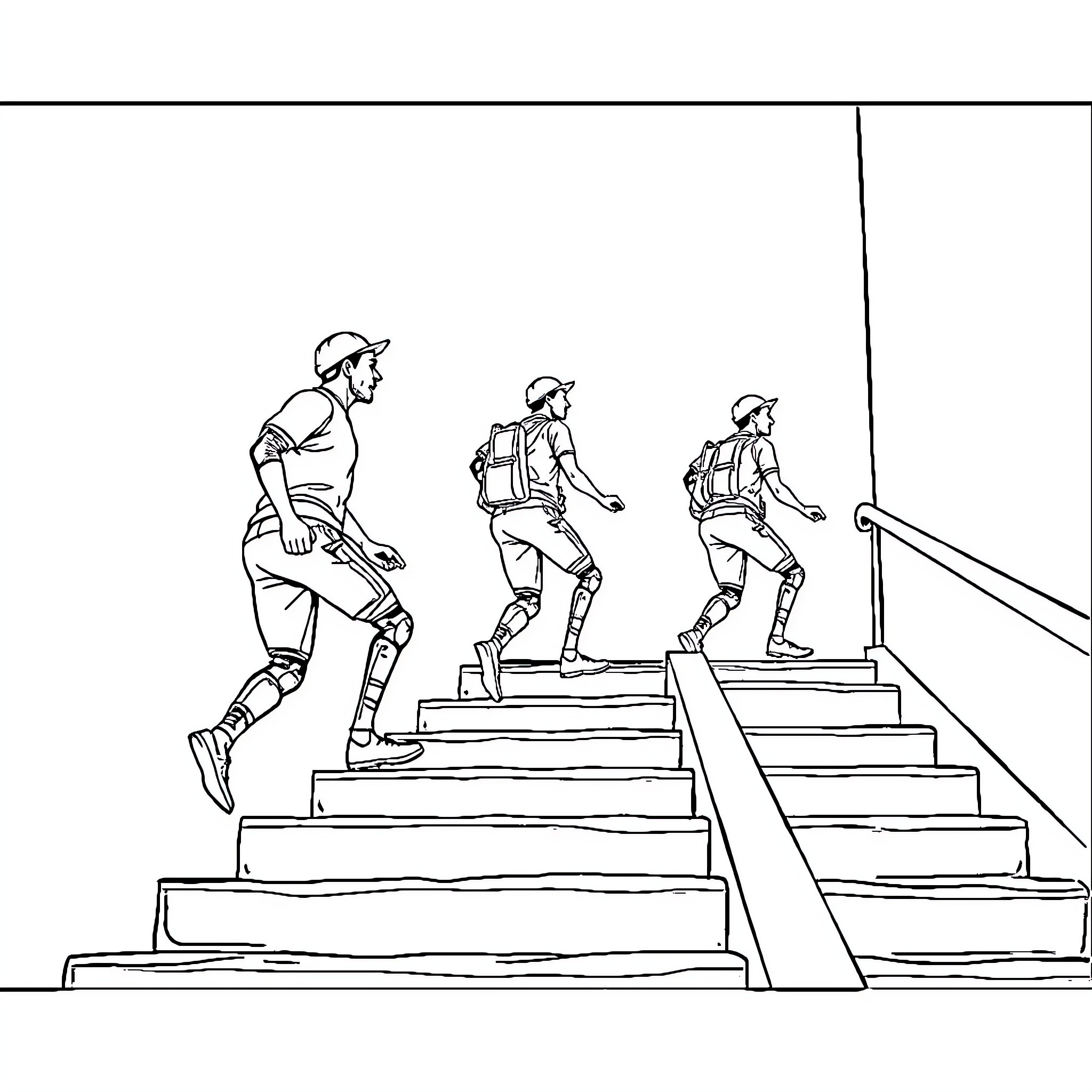 Amputee workers climbing stairs Coloring Page (free black-and-white line drawing printable PDF for all, from beginners to advanced learners, including children, teens, adults, and seniors)