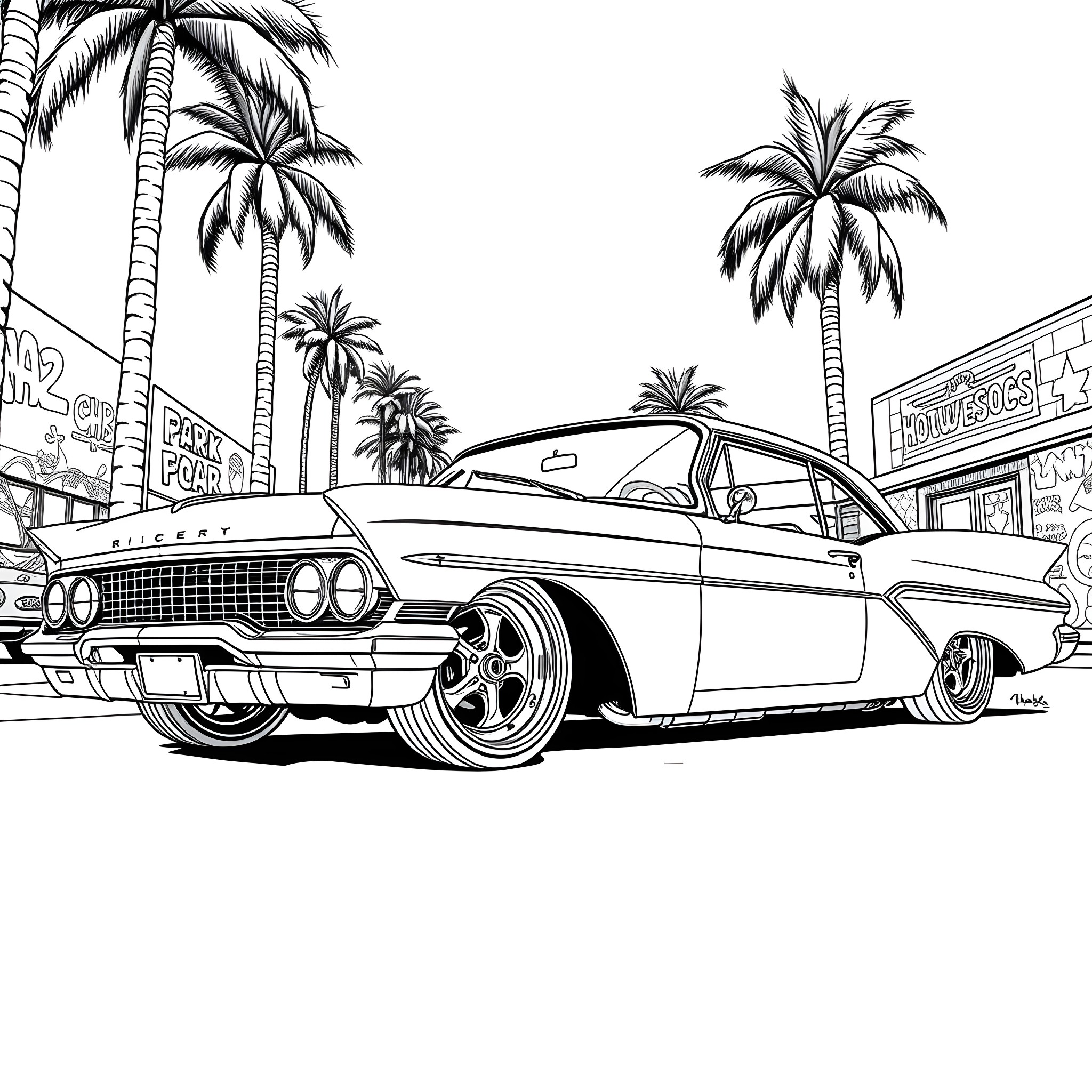 Lowrider classic cars on the city street Coloring Page (free black-and-white line drawing printable PDF for all, from beginners to advanced learners, including children, teens, adults, and seniors)