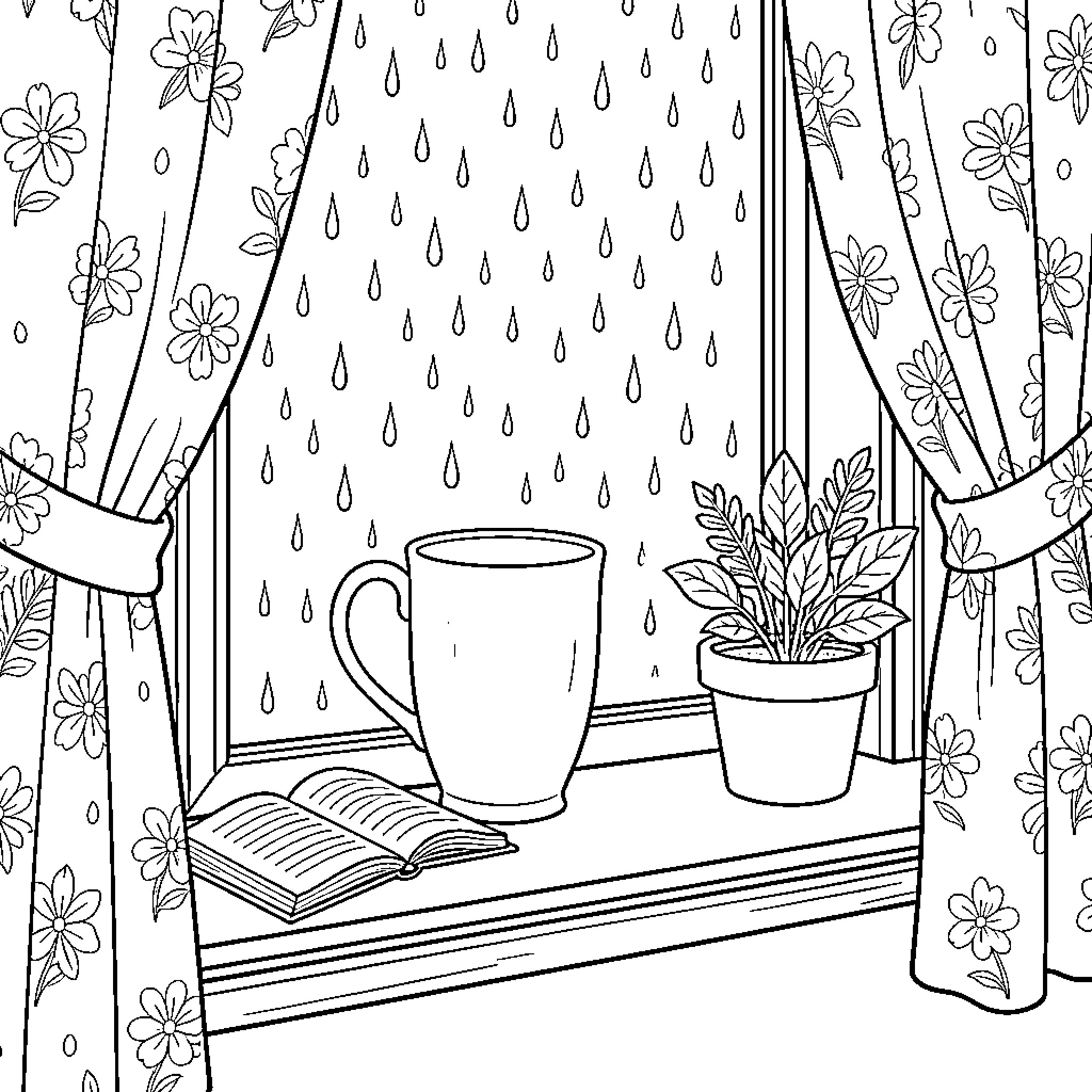 Cozy Scene of Rainy Day at Home Coloring Page (free black-and-white line drawing printable PDF for all, from beginners to advanced learners, including children, teens, adults, and seniors)