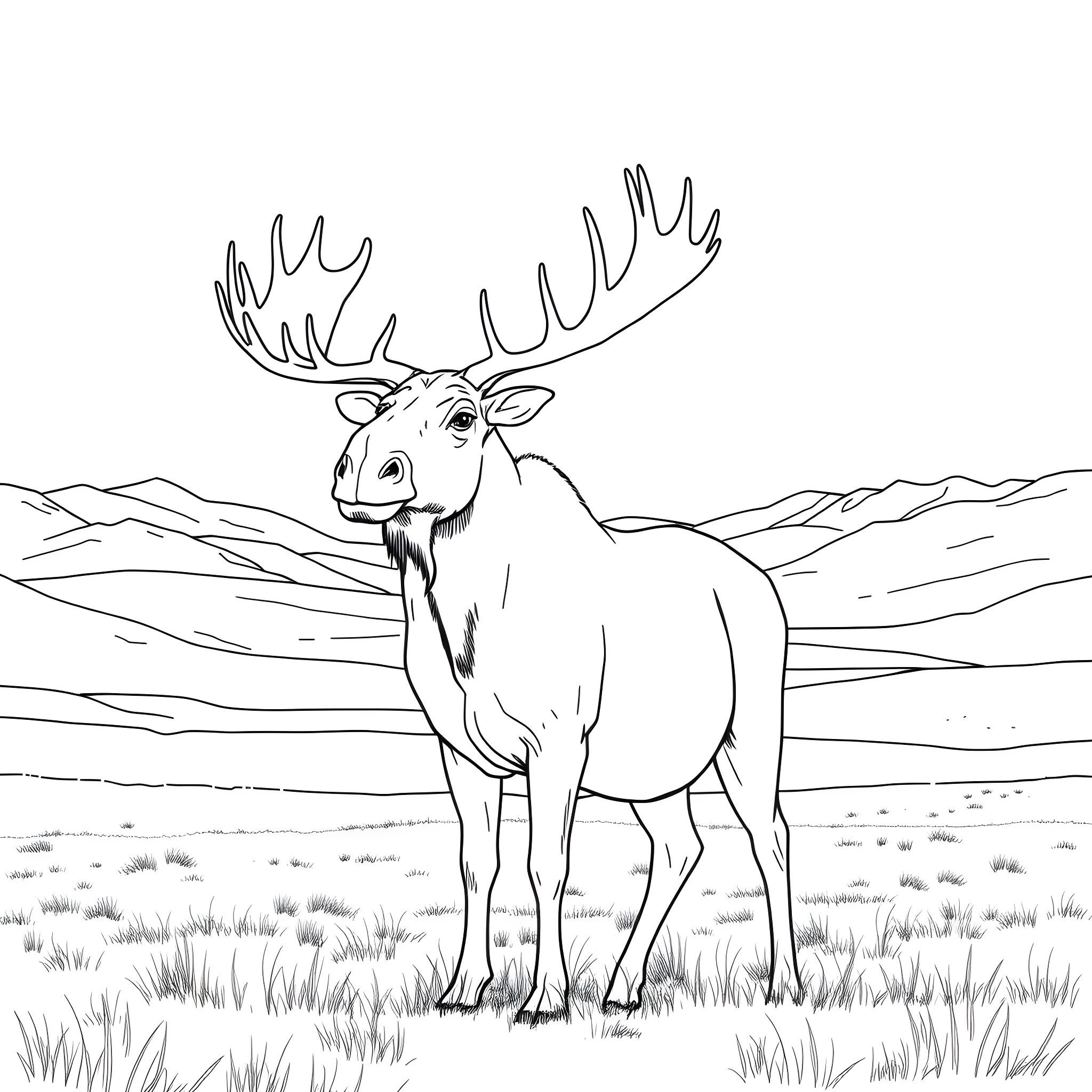 Moose standing tall in the wilderness Coloring Page (free black-and-white line drawing printable PDF for all, from beginners to advanced learners, including children, teens, adults, and seniors)