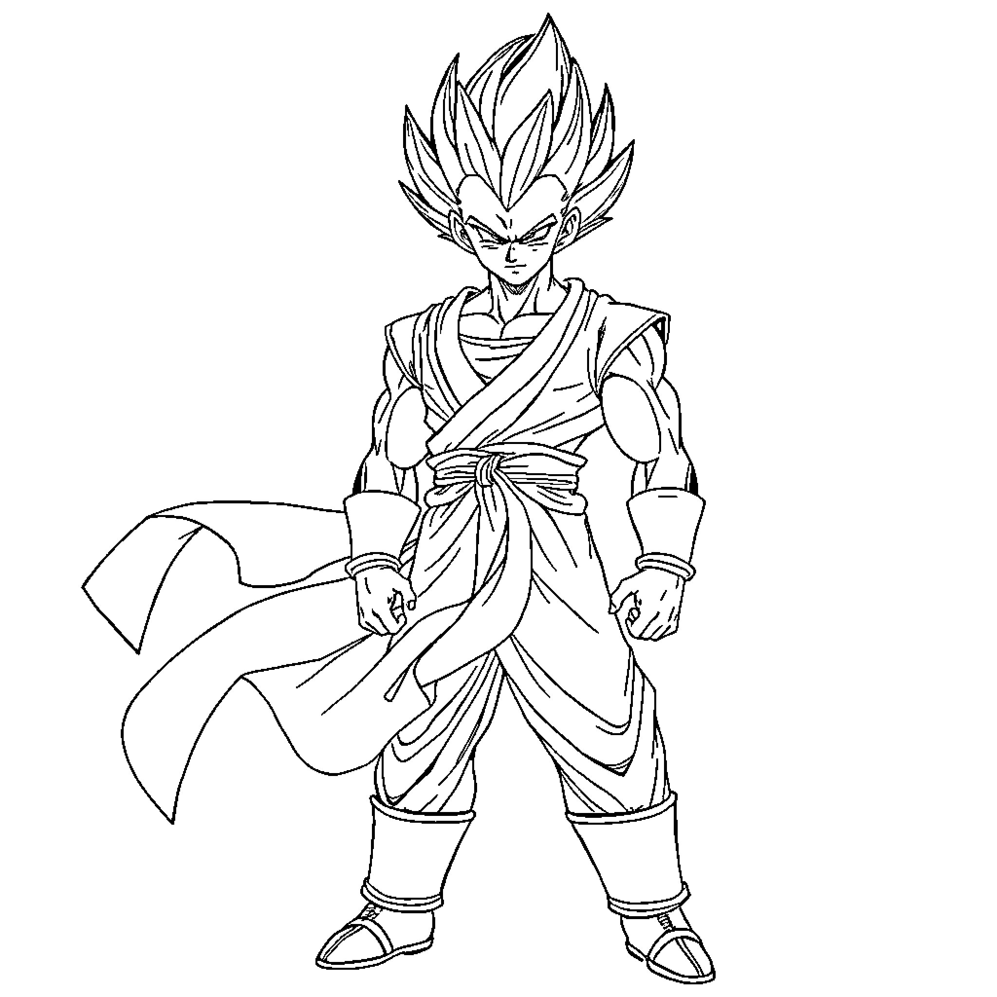 Vegeta in dramatic battle pose with energy aura Coloring Page (free black-and-white line drawing printable PDF for all, from beginners to advanced learners, including children, teens, adults, and seniors)