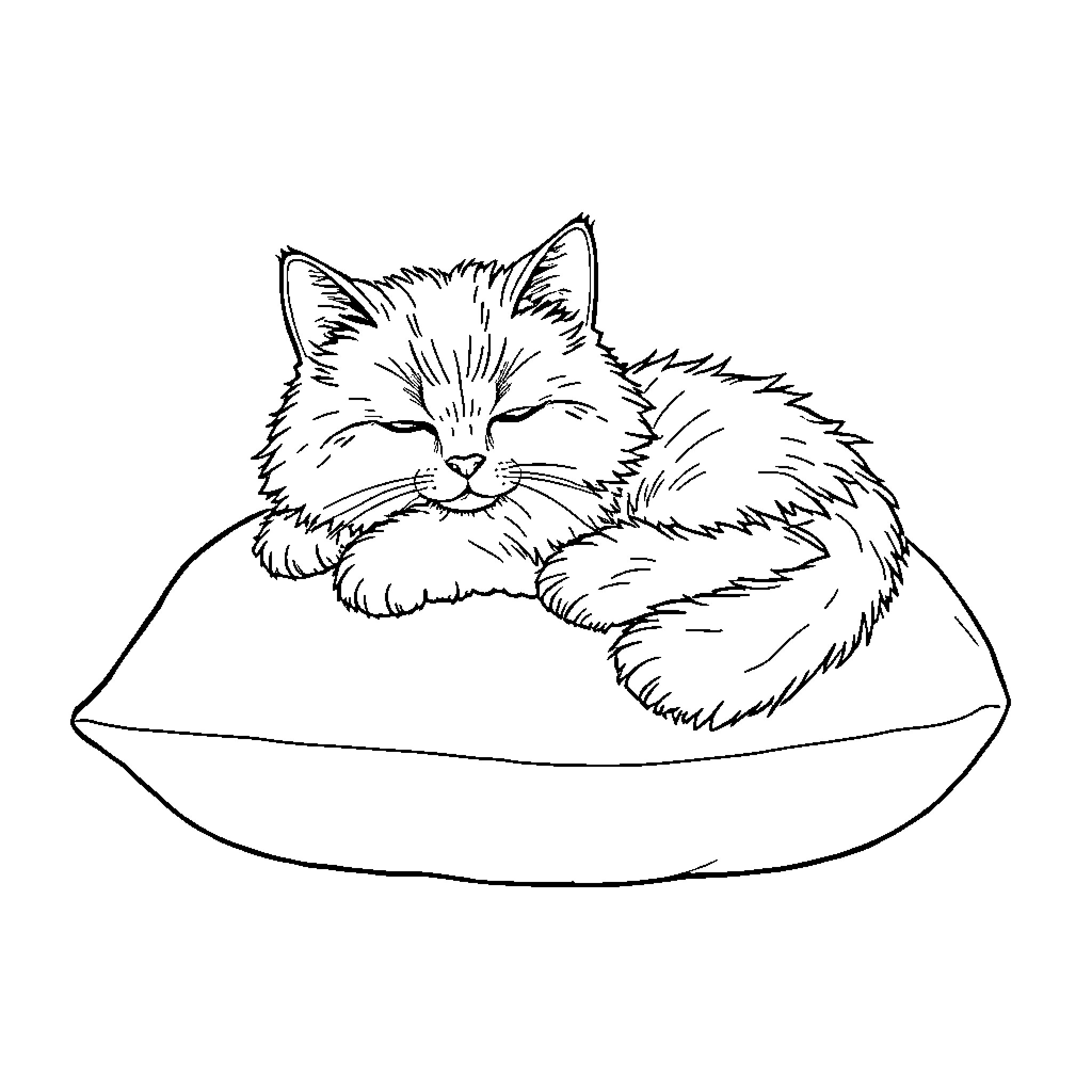 Cat relaxing comfortably on soft pillow Coloring Page (free black-and-white line drawing printable PDF for all, from beginners to advanced learners, including children, teens, adults, and seniors)