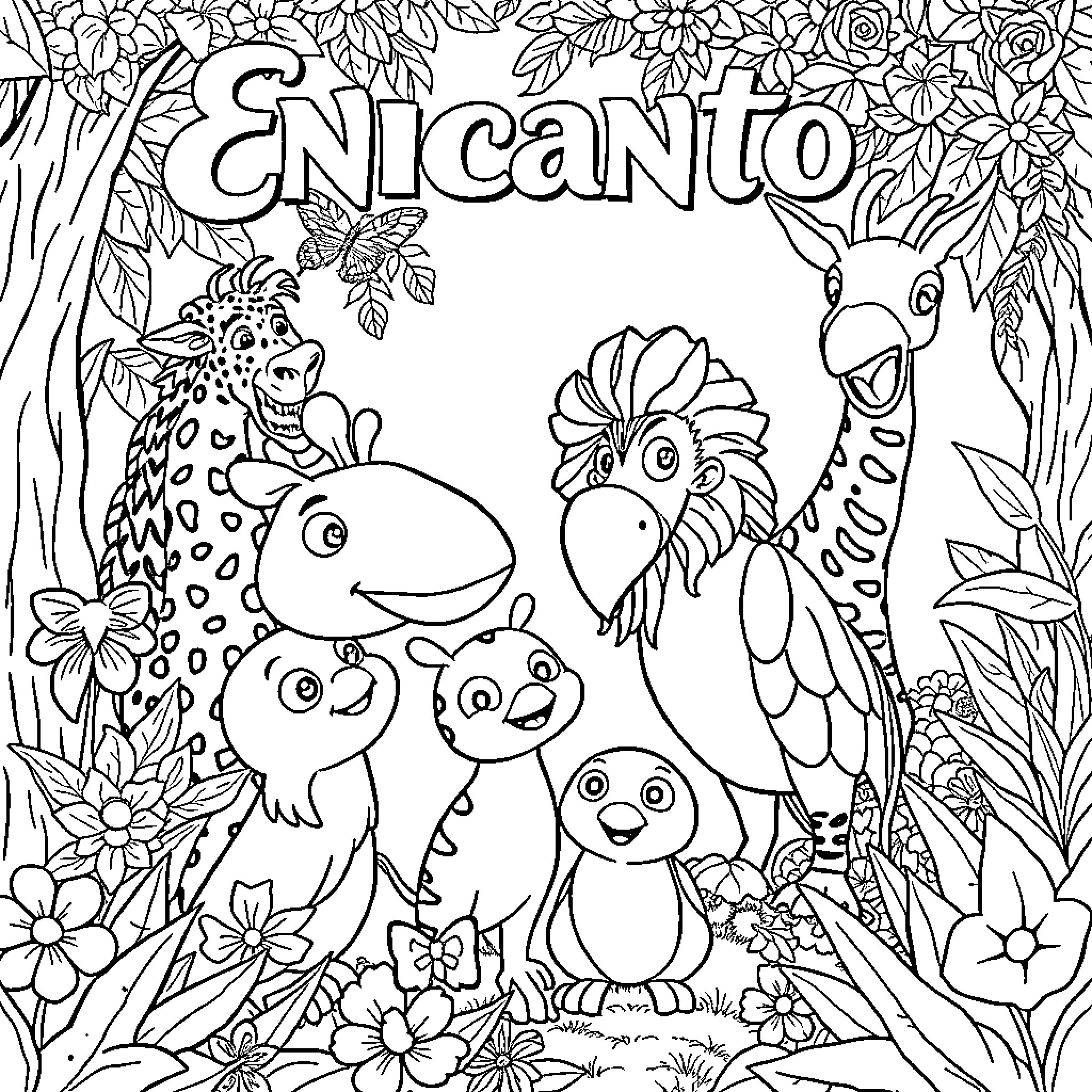 Encanto: Whimsical Wildlife Gathering Coloring Page (free black-and-white line drawing printable PDF for all, from beginners to advanced learners, including children, teens, adults, and seniors)