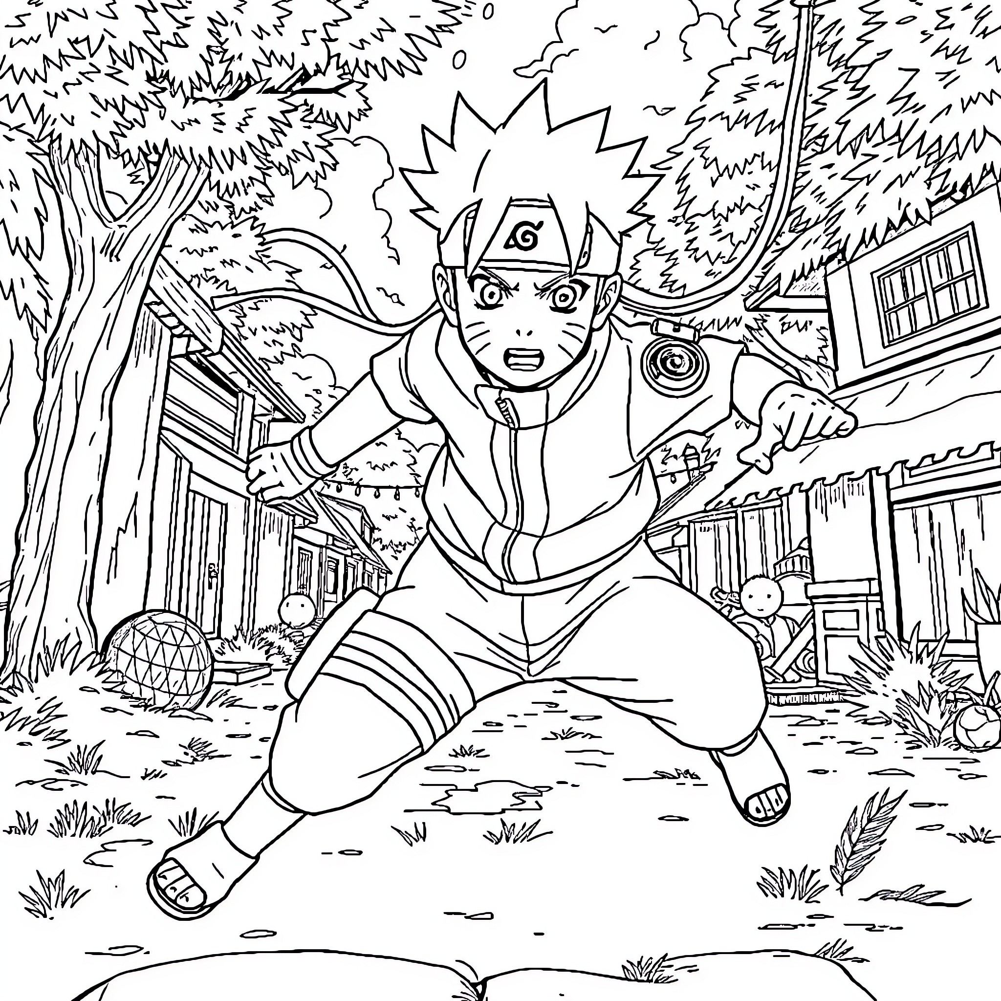 Naruto's Ninja Adventure in the Leaf Village Coloring Page (free black-and-white line drawing printable PDF for all, from beginners to advanced learners, including children, teens, adults, and seniors)