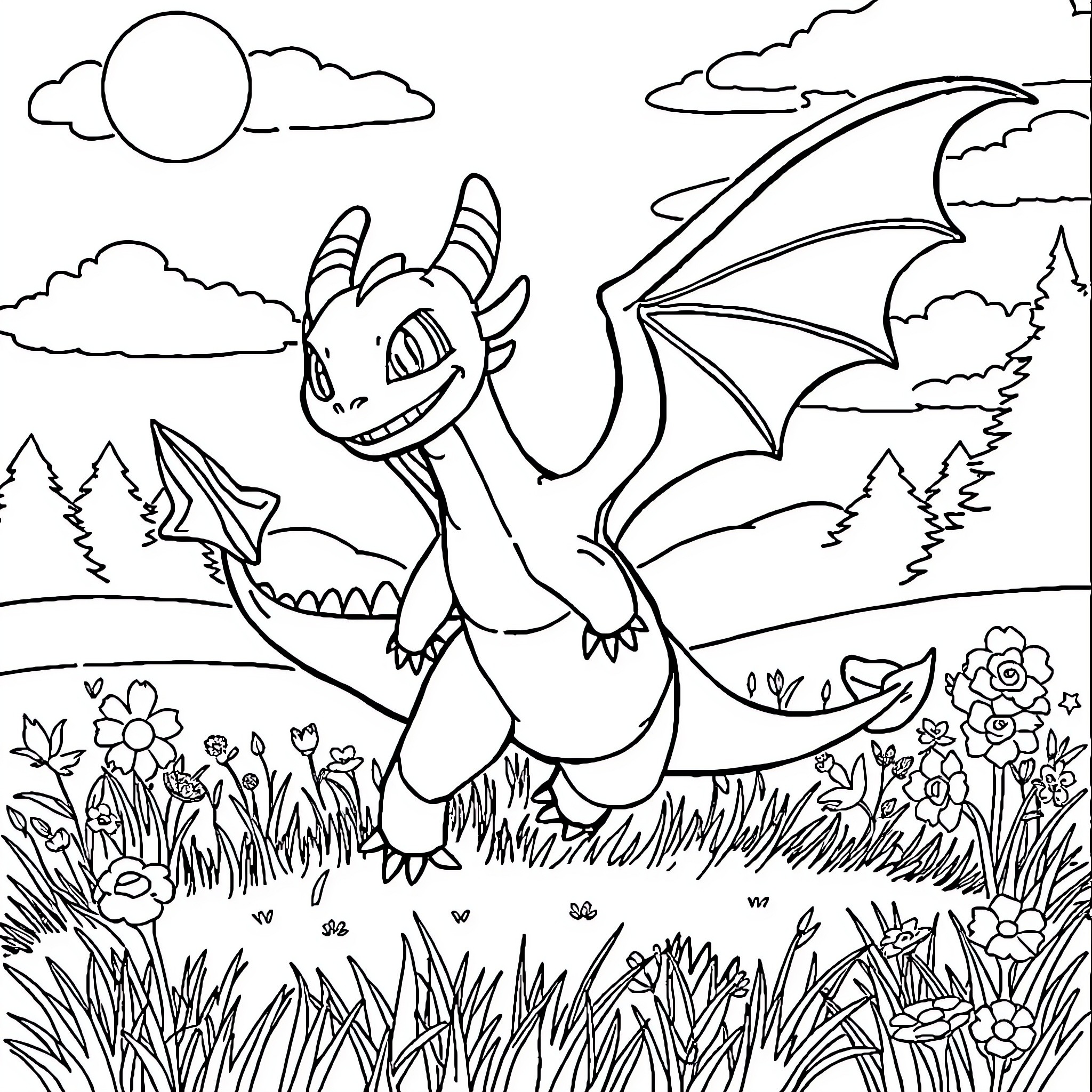 Toothless Dragon Soaring Through Enchanting Landscape Coloring Page (free black-and-white line drawing printable PDF for all, from beginners to advanced learners, including children, teens, adults, and seniors)