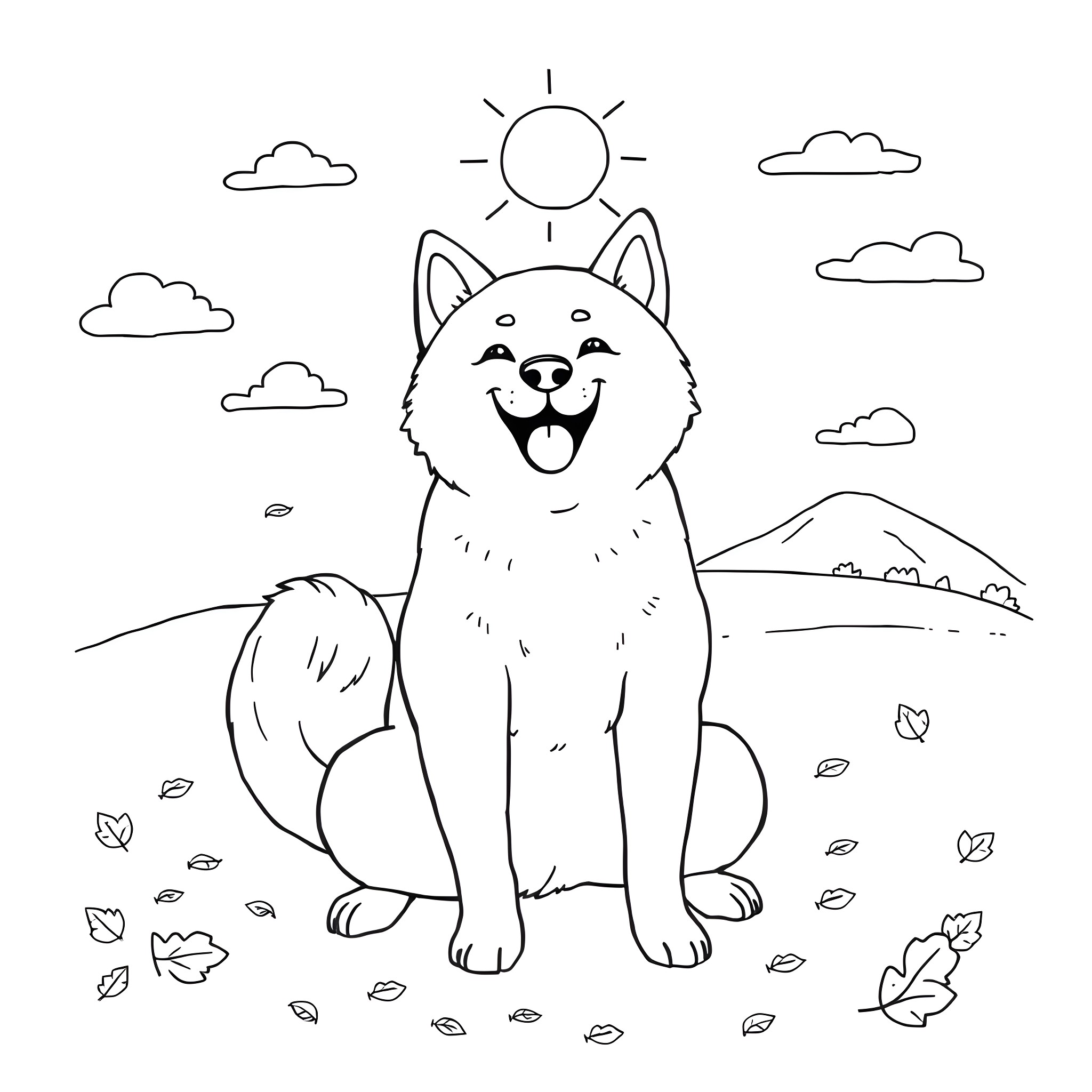 Shiba Inu sitting happily in nature Coloring Page (free black-and-white line drawing printable PDF for all, from beginners to advanced learners, including children, teens, adults, and seniors)