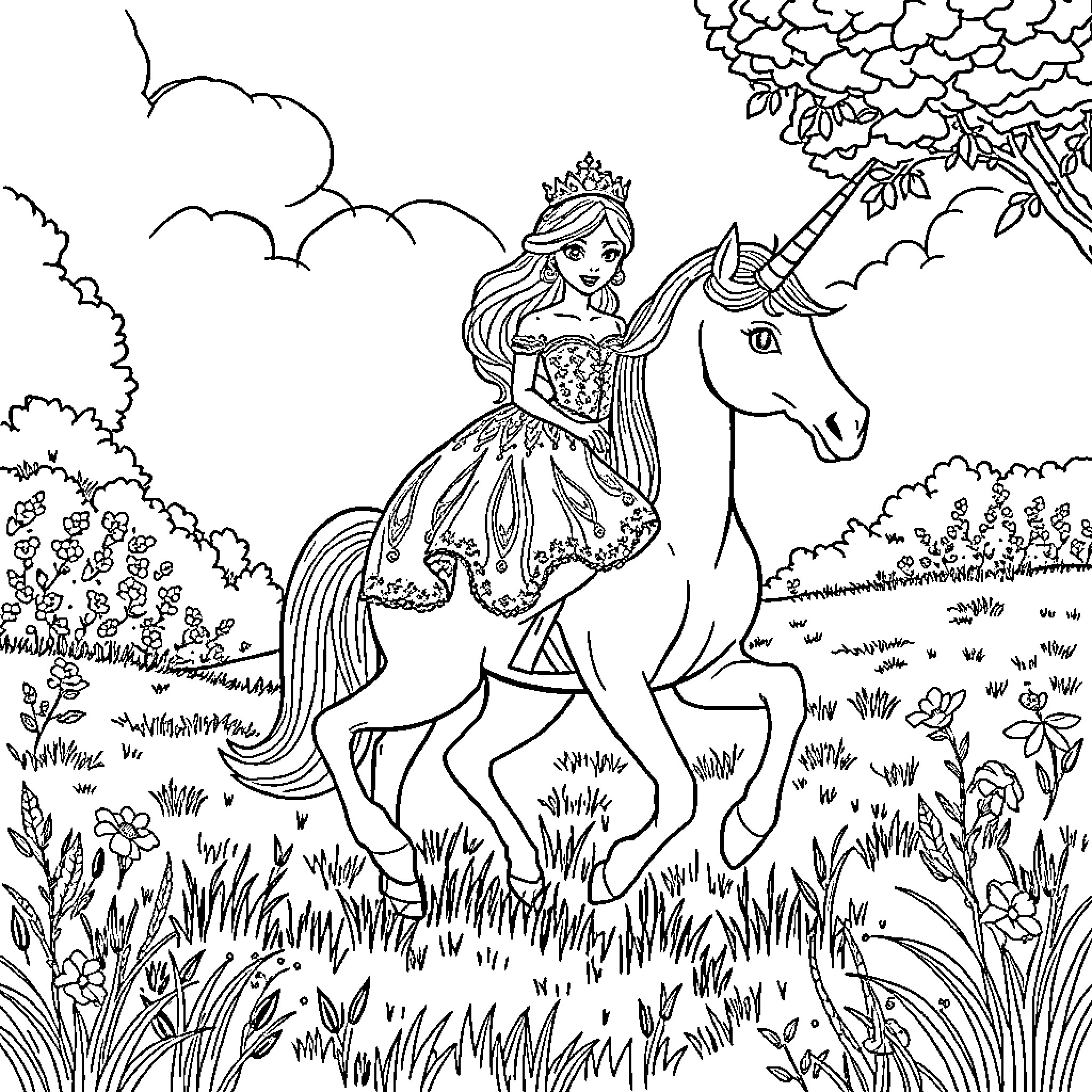 Princess Riding Unicorn Through Enchanted Forest Coloring Page (free black-and-white line drawing printable PDF for all, from beginners to advanced learners, including children, teens, adults, and seniors)