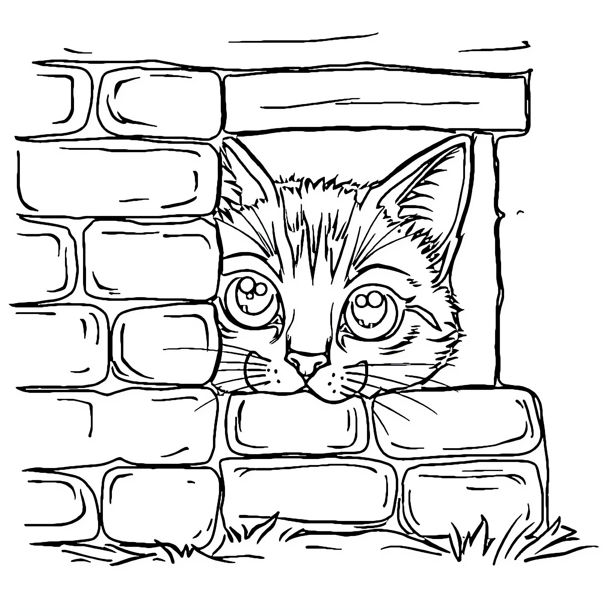 Cat peeking through brick wall Coloring Page (free black-and-white line drawing printable PDF for all, from beginners to advanced learners, including children, teens, adults, and seniors)