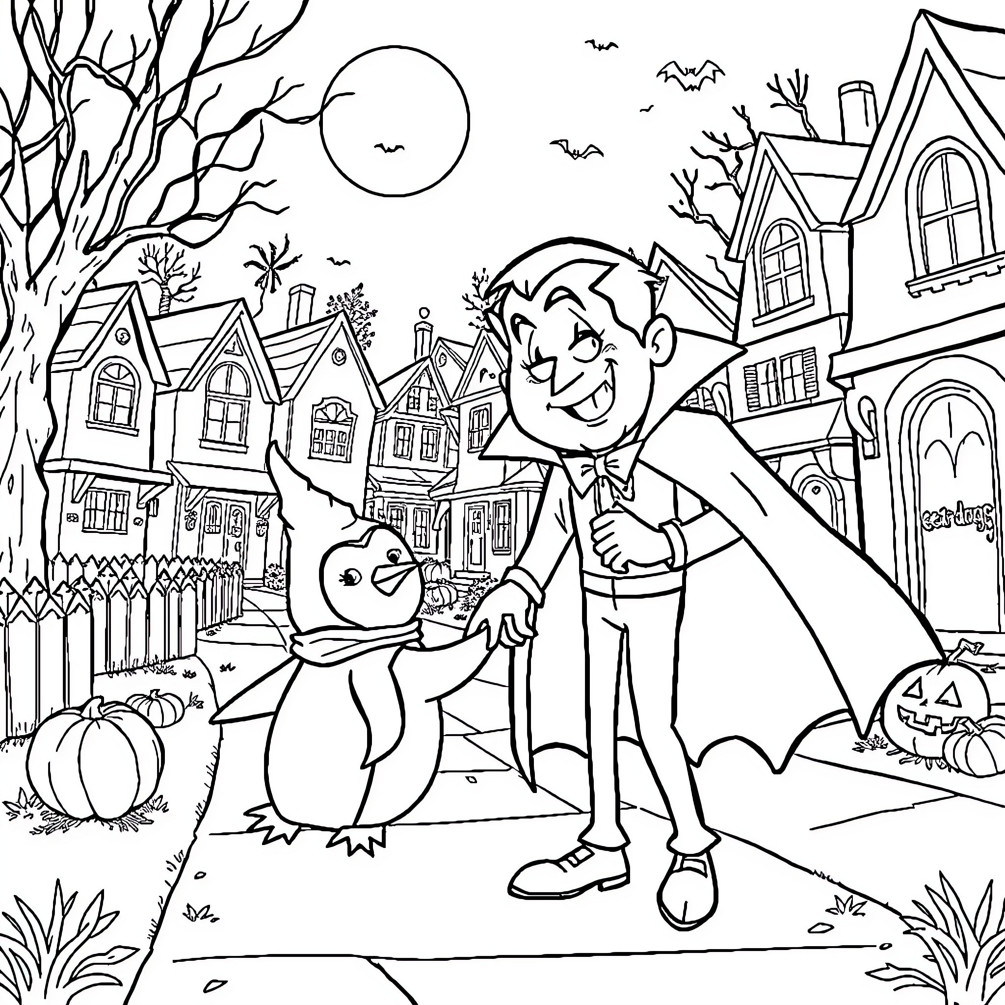 Dracula and his bat friend explore a spooky Halloween town Coloring Page (free black-and-white line drawing printable PDF for all, from beginners to advanced learners, including children, teens, adults, and seniors)