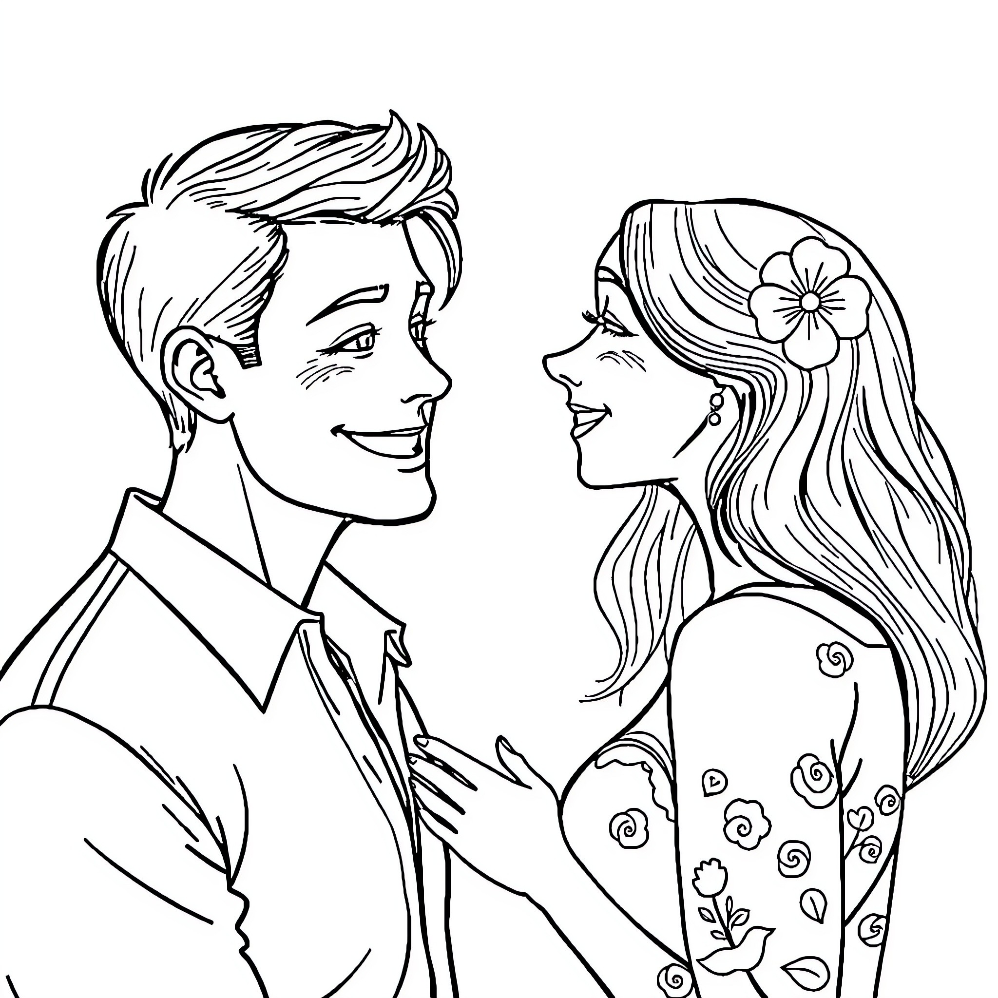 Man and woman sharing a tender moment Coloring Page (free black-and-white line drawing printable PDF for all, from beginners to advanced learners, including children, teens, adults, and seniors)