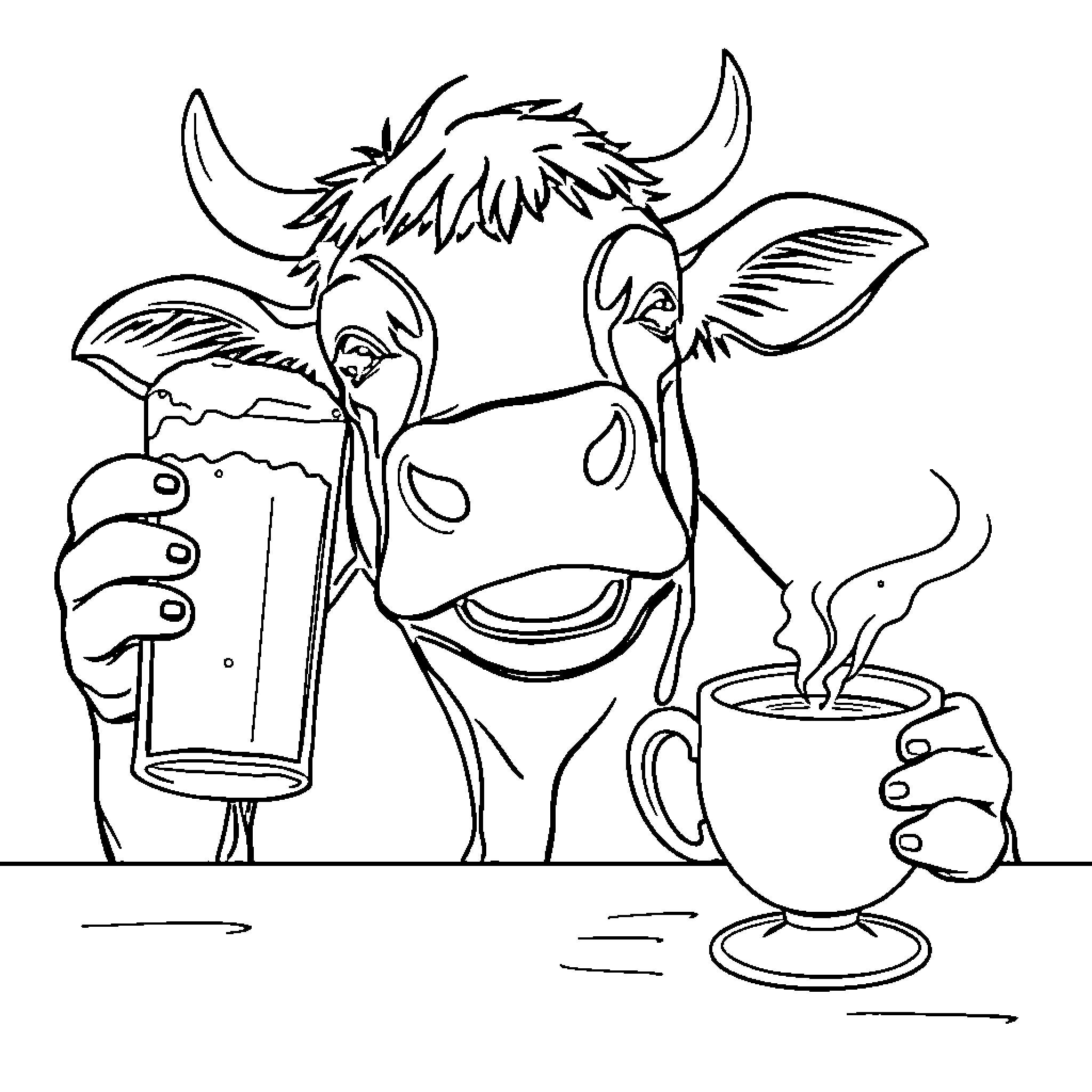 Cow enjoying a refreshing drink and warm beverage Coloring Page (free black-and-white line drawing printable PDF for all, from beginners to advanced learners, including children, teens, adults, and seniors)